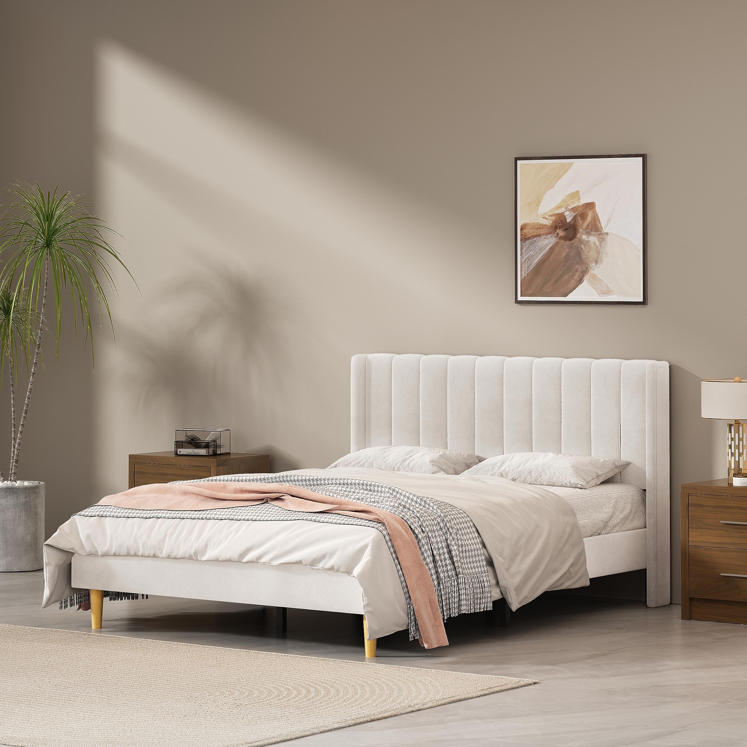 QNZK Queen Size Upholstered Platform Bed Frame with Modern Wingback & Vertical Panel Headboard, Velvet Fabric, Wooden Legs & Slats Support, No Box