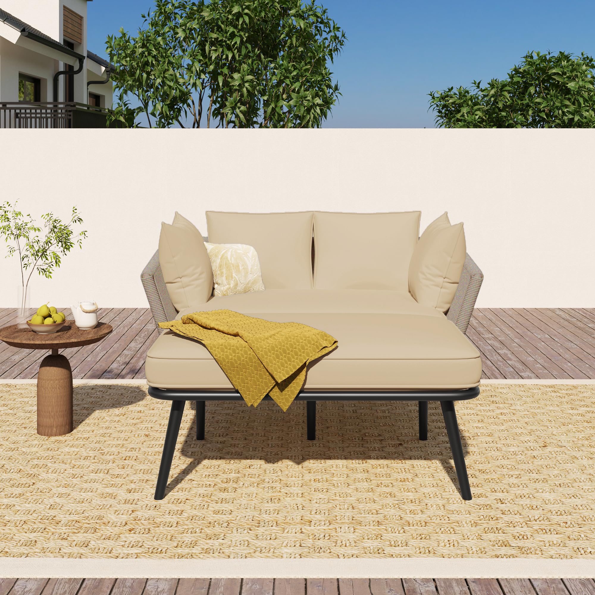 Sofá de jardín con 2 cojines y 2 cojines, tumbona para exteriores, salón de jardín, juego de muebles de balcón, muebles de salón, muebles de terraza, cojines extraíbles y lavables (caqui)