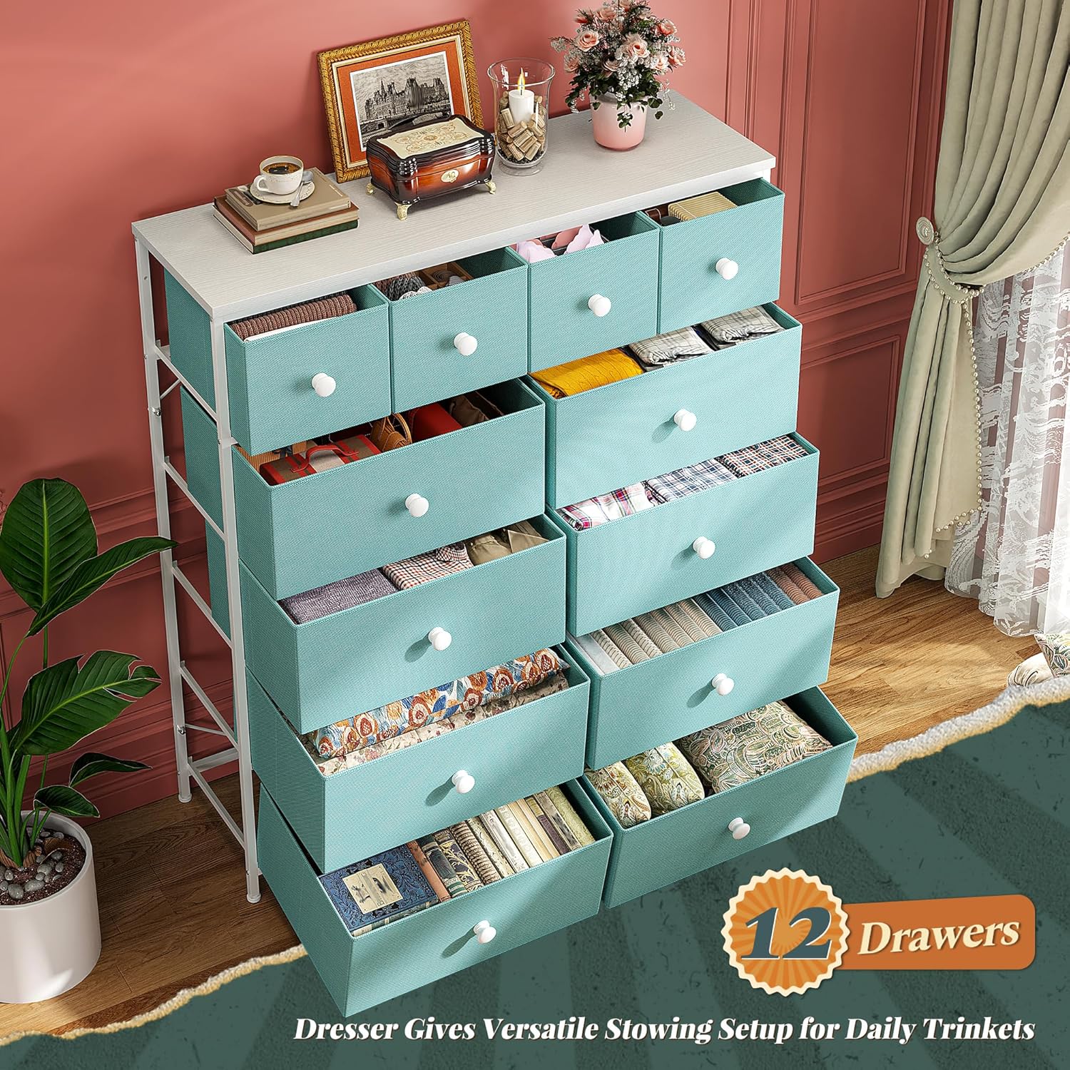 Dresser for Bedroom Tall Dresser with 12 Drawers Fabric Dressers & Chests of Drawers, Bedroom Dresser with Metal Frame, Wood Top, Entryway Living Room, Turquoise 11.81"D x 38.97"W x 40.15"H