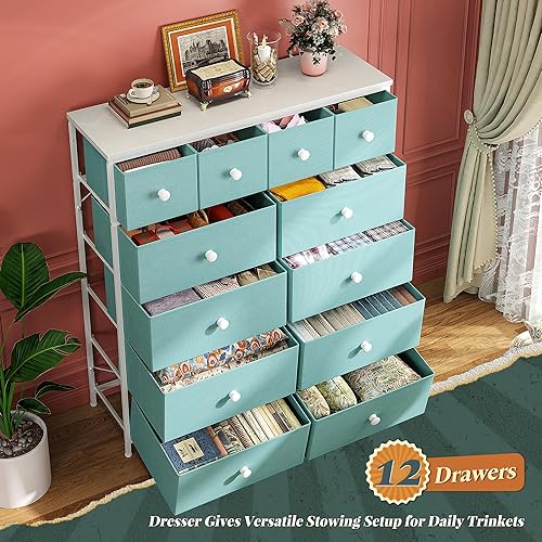 Miniatura 4 de Cómoda para el dormitorio con organizador de cajones de almacenamiento, cómodas y baúles de tela, marco de metal resistente, tapa de madera, Turquesa