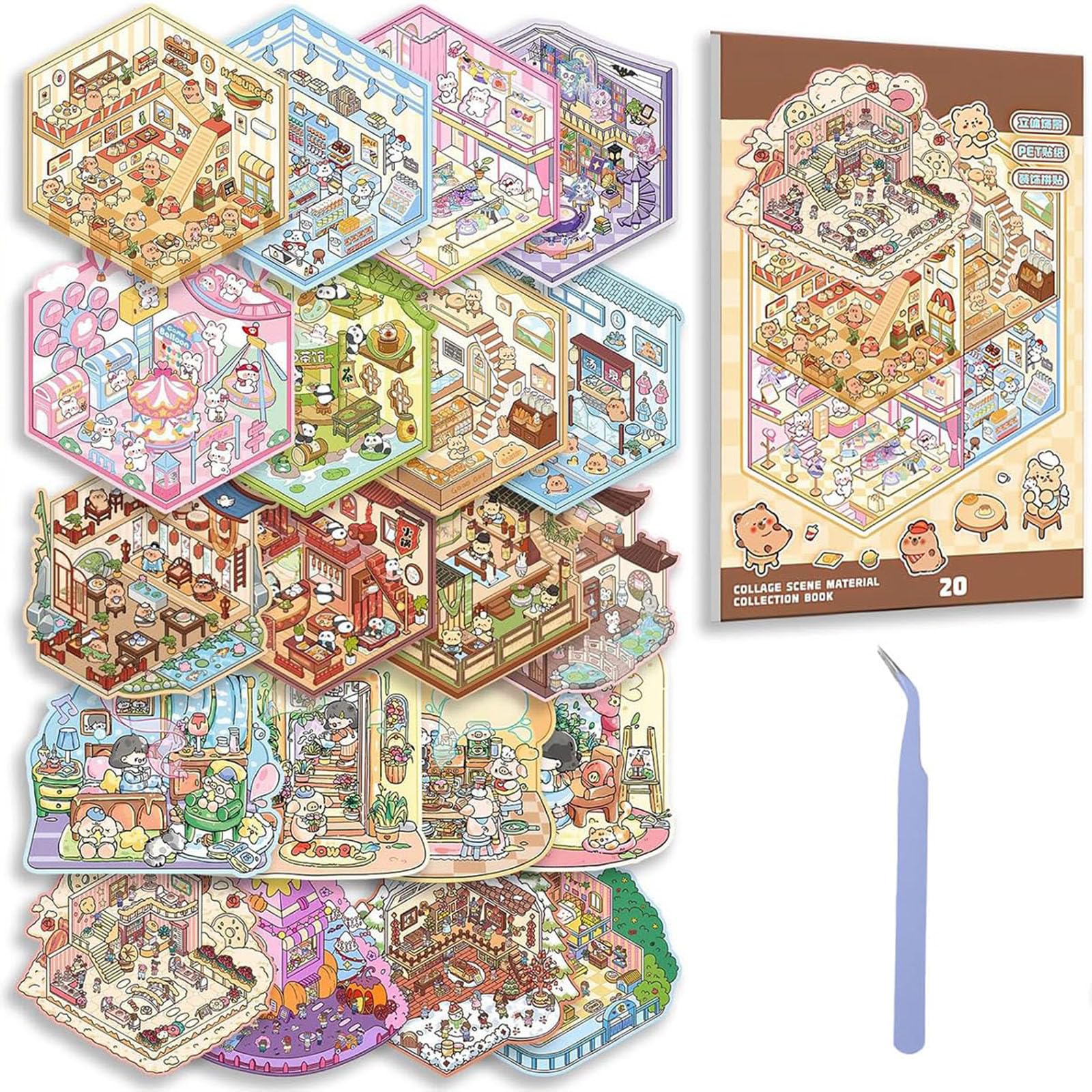 20Sets Japanese Sticker Book, DIY 3D Stickers for Kids Creative Play, Stress Relief Activity for Adults, Scrapbook Journal Decoration, Including Tweezers-image-49
