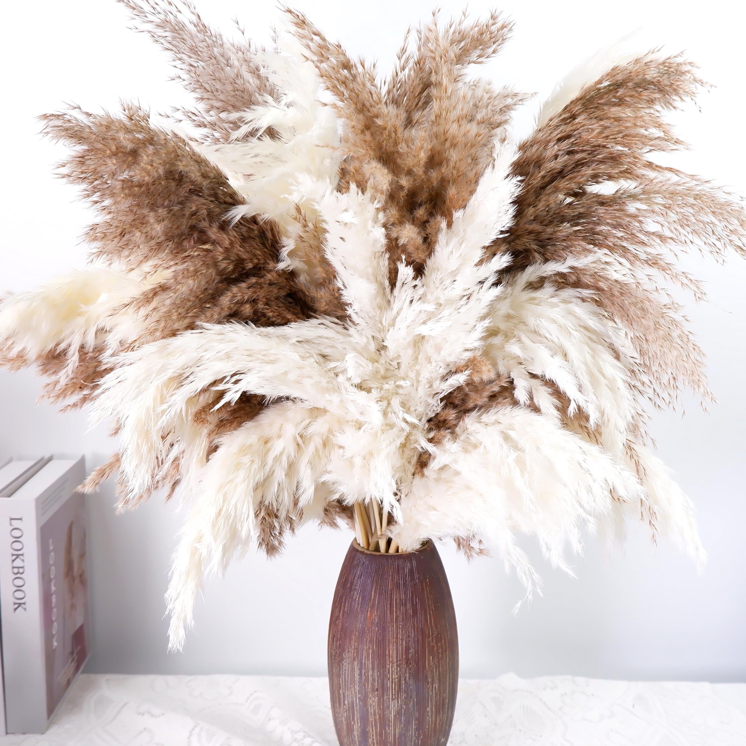 Pampasgras-Dekoration, 43,2 cm, 20 weiße und 20 braune getrocknete Pampasgrasstiele, flauschiges Pompasgras für Boho-Dekor, Hochzeit, Babyparty, Couchtisch und Blumenarrangements, 40 Stück