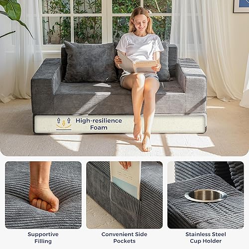 Miniatura 7 de MAXYOYO Sofá cama biplaza, sofá plegable 4 en 1, sofá de piso en una caja con 2 portavasos, sofá convertible sin hueso, silla reclinable plegable