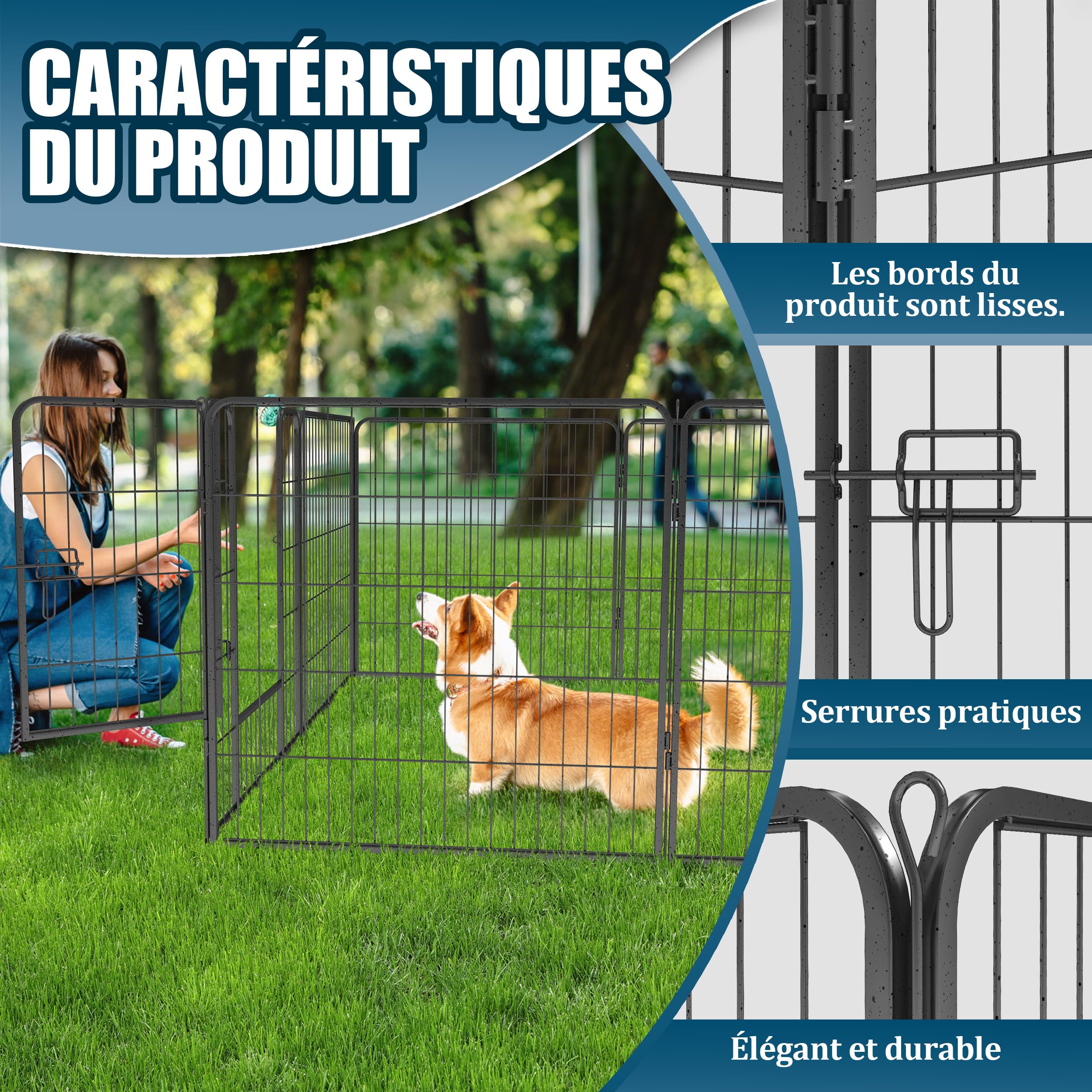 Parc pour Chien Enclos 8 Panneaux Chiot Petit Exterieur/Interieur pour Animaux de Compagnie 80 x 60 cm Noir