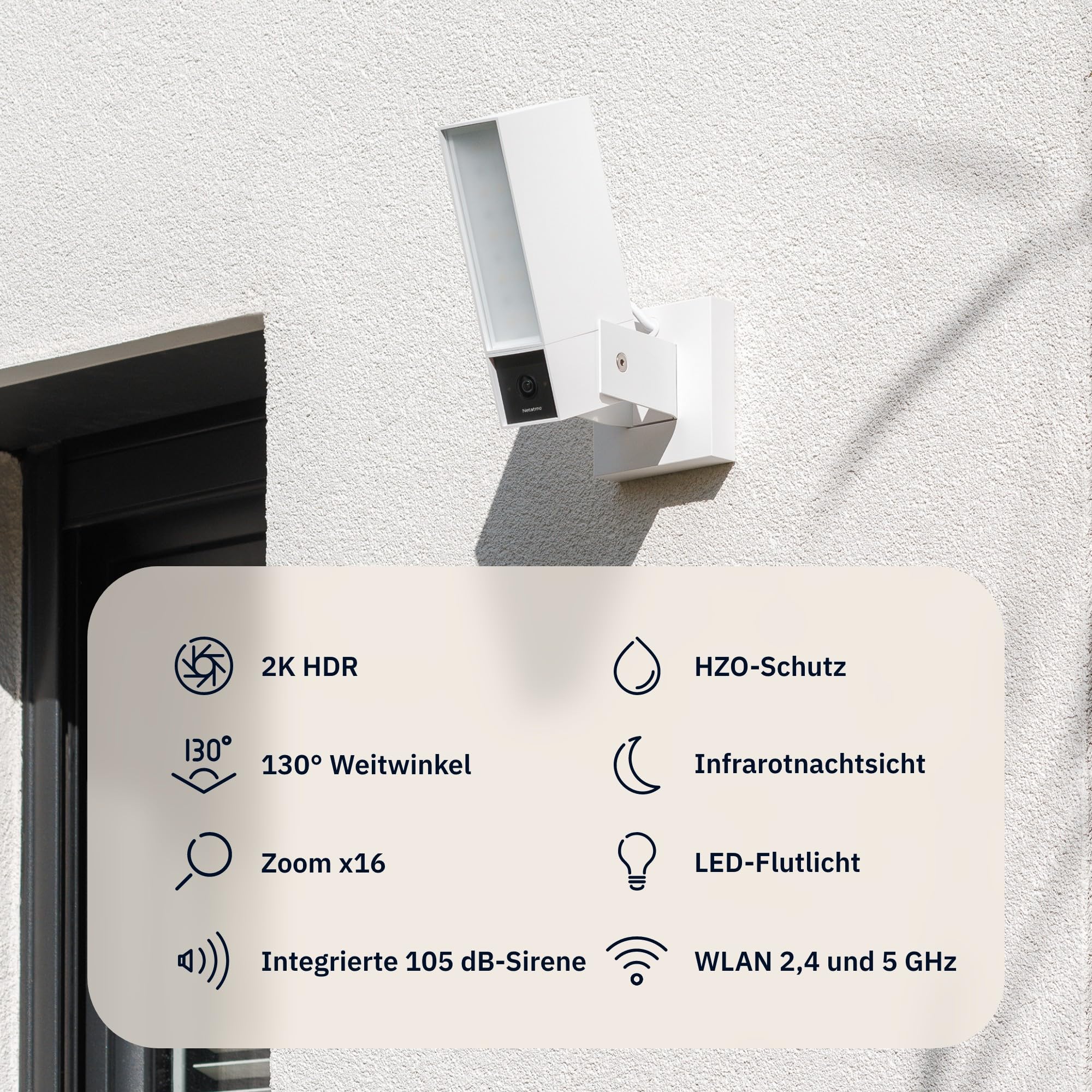 NETATMO Überwachungskamera für den Außenbereich, 2SD, WLAN 5 GHz, 2K HDR, KI-Erkennung Personen/Fahrzeuge/Tiere, LED-Flutlicht 12 W, Sirene 105 dB, lokale Speicherung, ohne Abonement, Weiße, NOC-2-AMZ