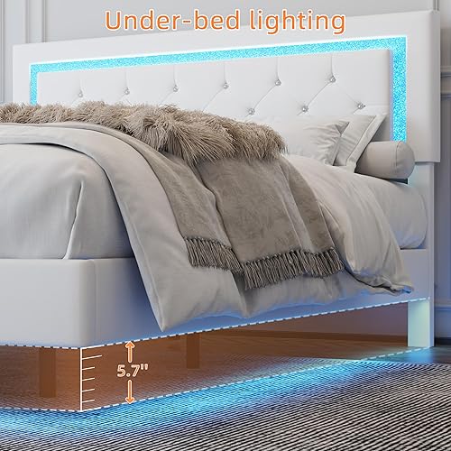 Miniatura 5 de KEIKI Base de cama de plataforma flotante tamaño Queen con cabecera capitonada de diamante, cama tapizada con luces LED, 5.7 pulgadas de espacio