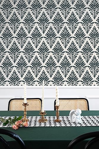 Miniatura 7 de Yasinet Papel tapiz moderno para despegar y pegar, papel de contacto bohemio blanco y verde oscuro, papel tapiz de hojas autoadhesivo, extraíble,
