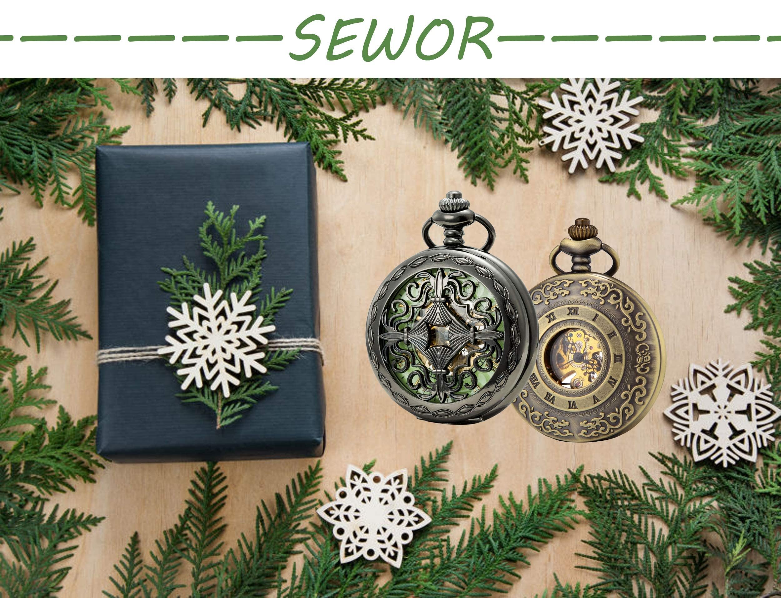 SEWOR Vintage mecánica Mano Viento Reloj de Bolsillo Luminosa Esfera Lupa de Cristal