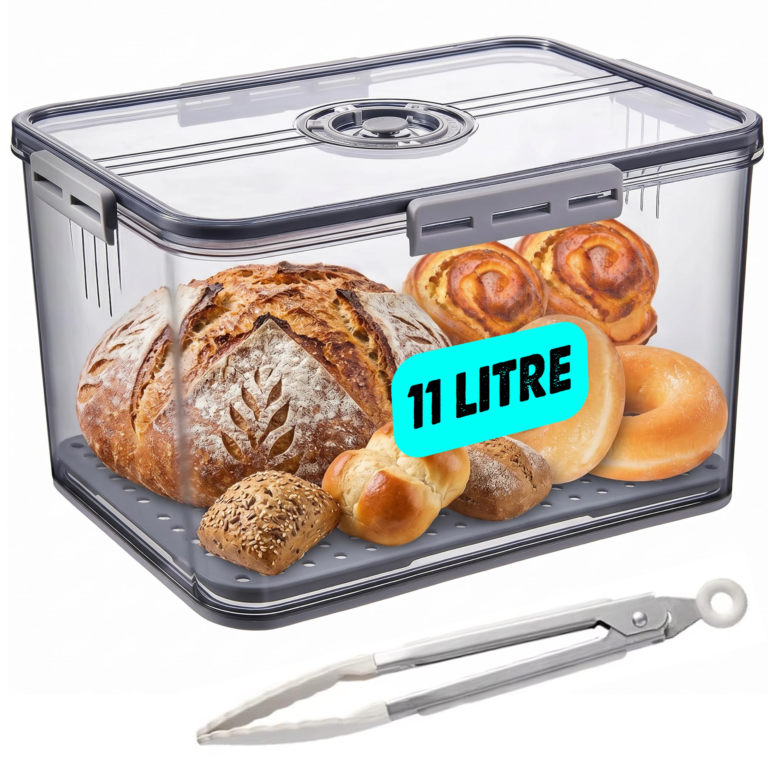 Xmatag White/Gray Bread Bins For Kitchen Counter - Large Airtight Bread Storage Container With Time Recording Lid And Tong, Corner Box For Homemade Bread, Toast, Bagel, Donut And Cookies ( Gray)