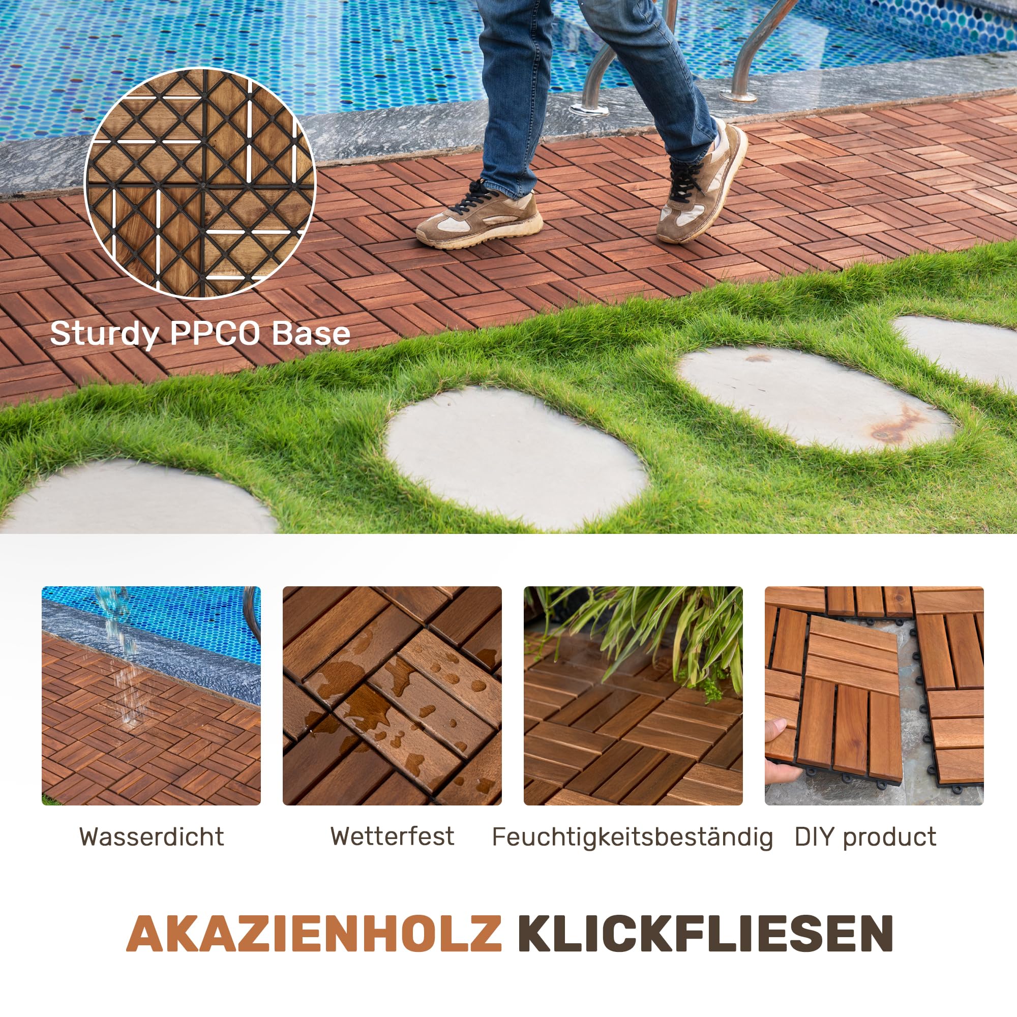 Piastrelle per terrazze in legno di acacia, sistema a incastro, 11 pezzi | 11 piastrelle in legno di acacia, 30 x 30 cm, resistenti alle intemperie, impermeabili, ritagliabili
