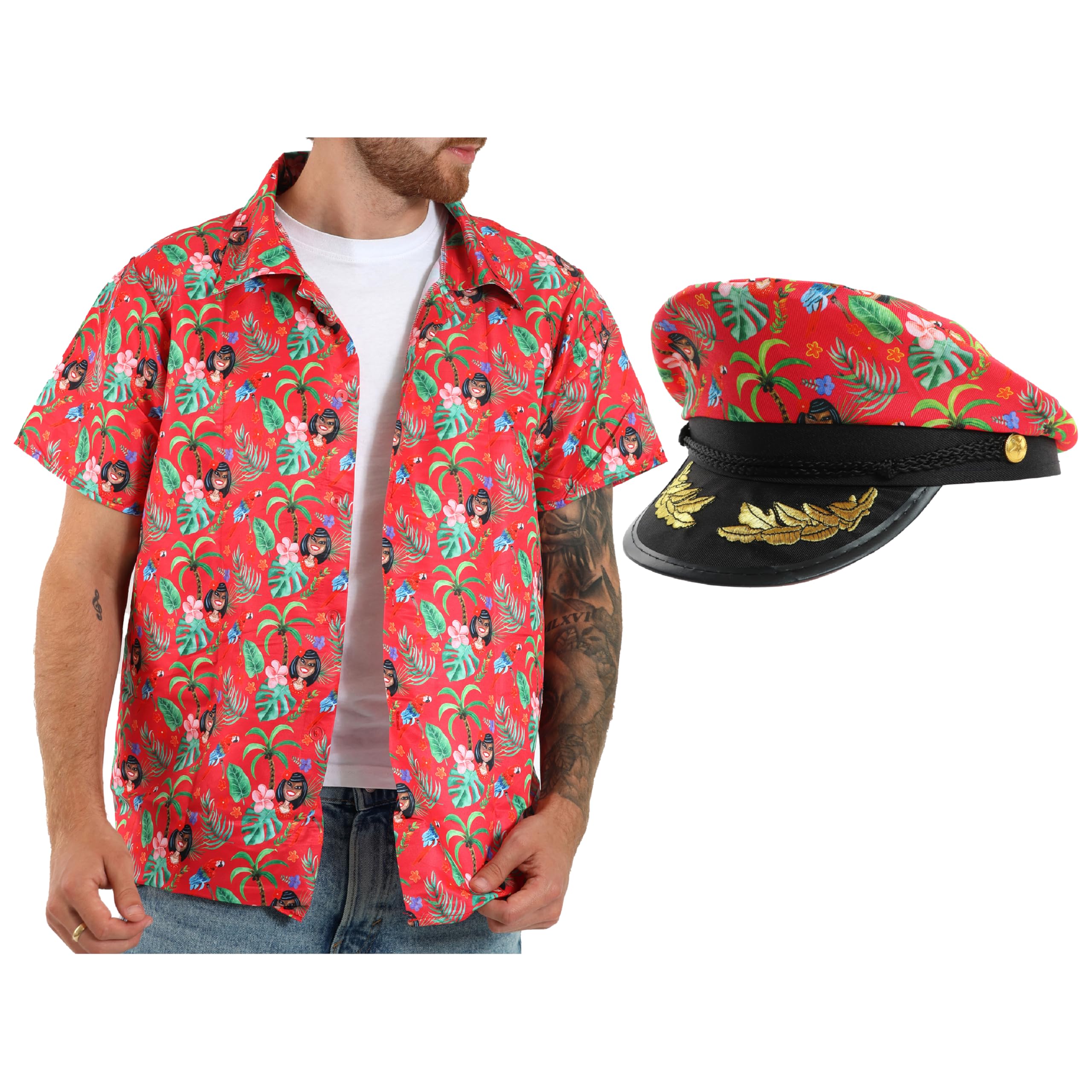 Red Hawaiian Shirt and Red Hat - Medium - Hawaii Tropical Short Sleeve Shirt and Sailor Hat - Perfect for Stag Do/Hen Do Fancy Dress Summer Beach Parties and Other Fancy Dress Events