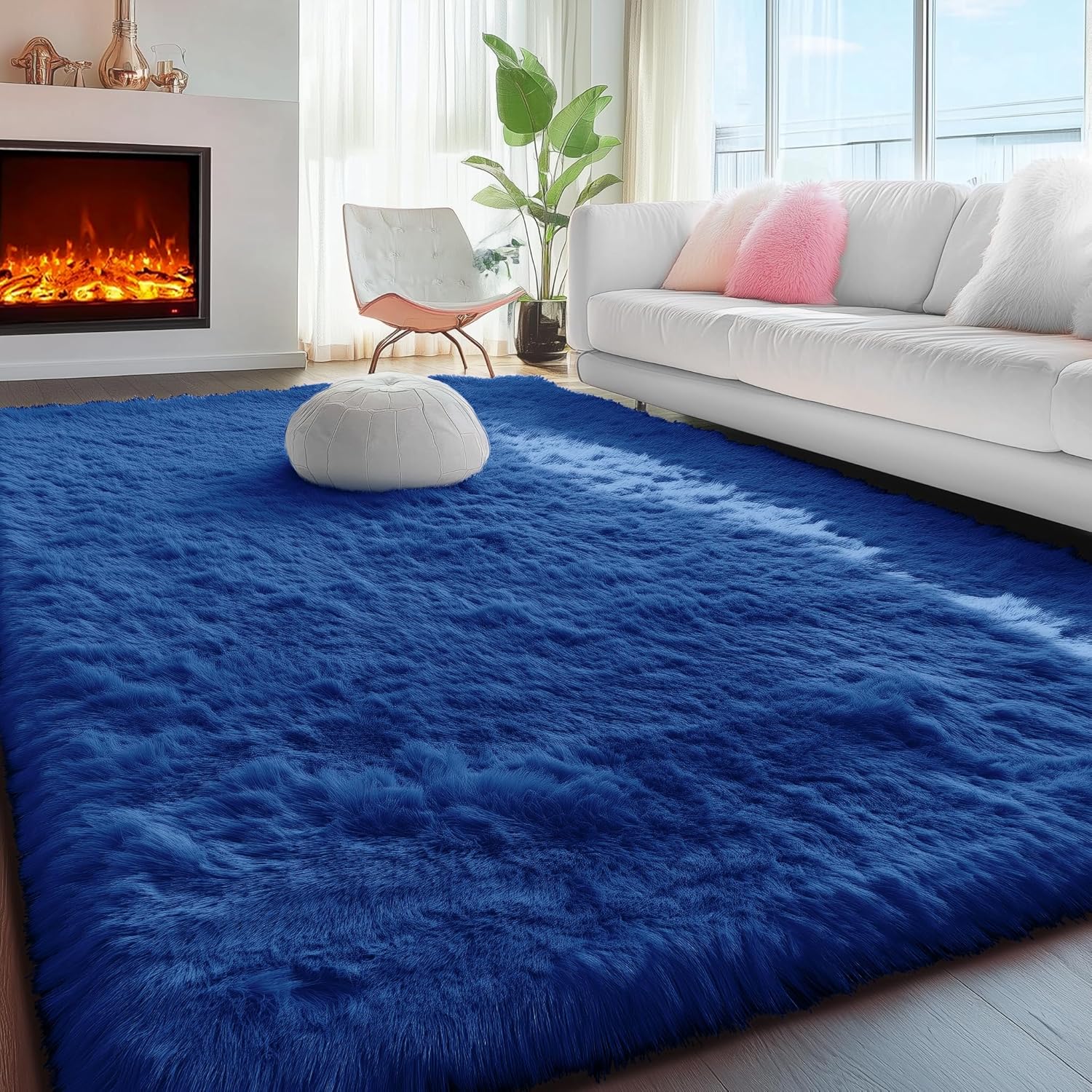 PAGISOFE Blue Rug 4x6 Ft Fluffy Shag Rugs for Bedroom Soft Fuzzy Shaggy Blue Rugs for Living Room Carpet Nursery Floor Boys Room Dorm Rug Kids Playroom Navy Area Rug Teen Home Decor