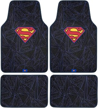 Warner Bros DC Comics Superman 4pc Carpet Floor Mats Car Accessories - Set for Car, Truck, Van, SUV - No-Slip Grip - Universal Fit Front 26" x 16.5", Rear 14" x 16.5"
