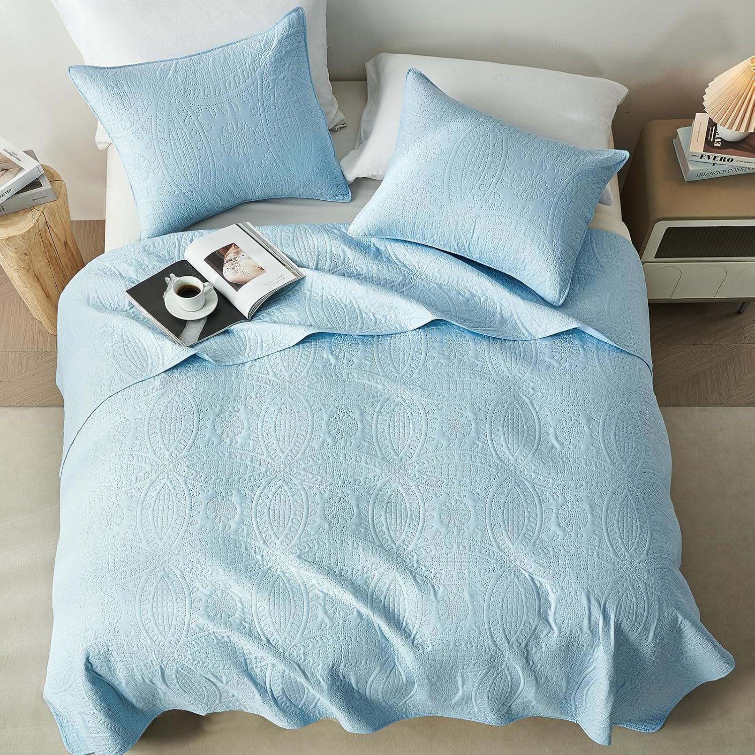 akkialla Queen Quilt Bedding Set,Sky Blue Ultrasonic Full/Queen Quilt Set,Lightweight Soft Bedspread Coverlet,Modern Style Coin Pattern Bed Cover for All Seasons,3 Piece(1 Quilt,2 Pillow Shams) - Image 3