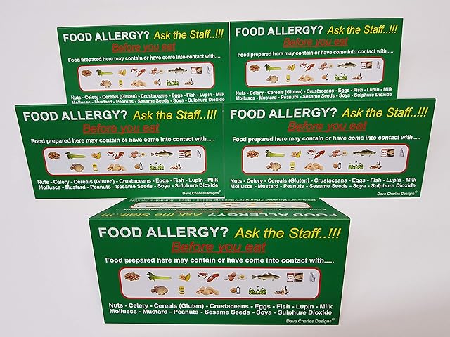 pack of 5 FOOD ALLERGY AWARENESS TABLE and COUNTER SIGN (74 X 148) FOLDED 350g The clearest food allergy notice. Allergy warning sign