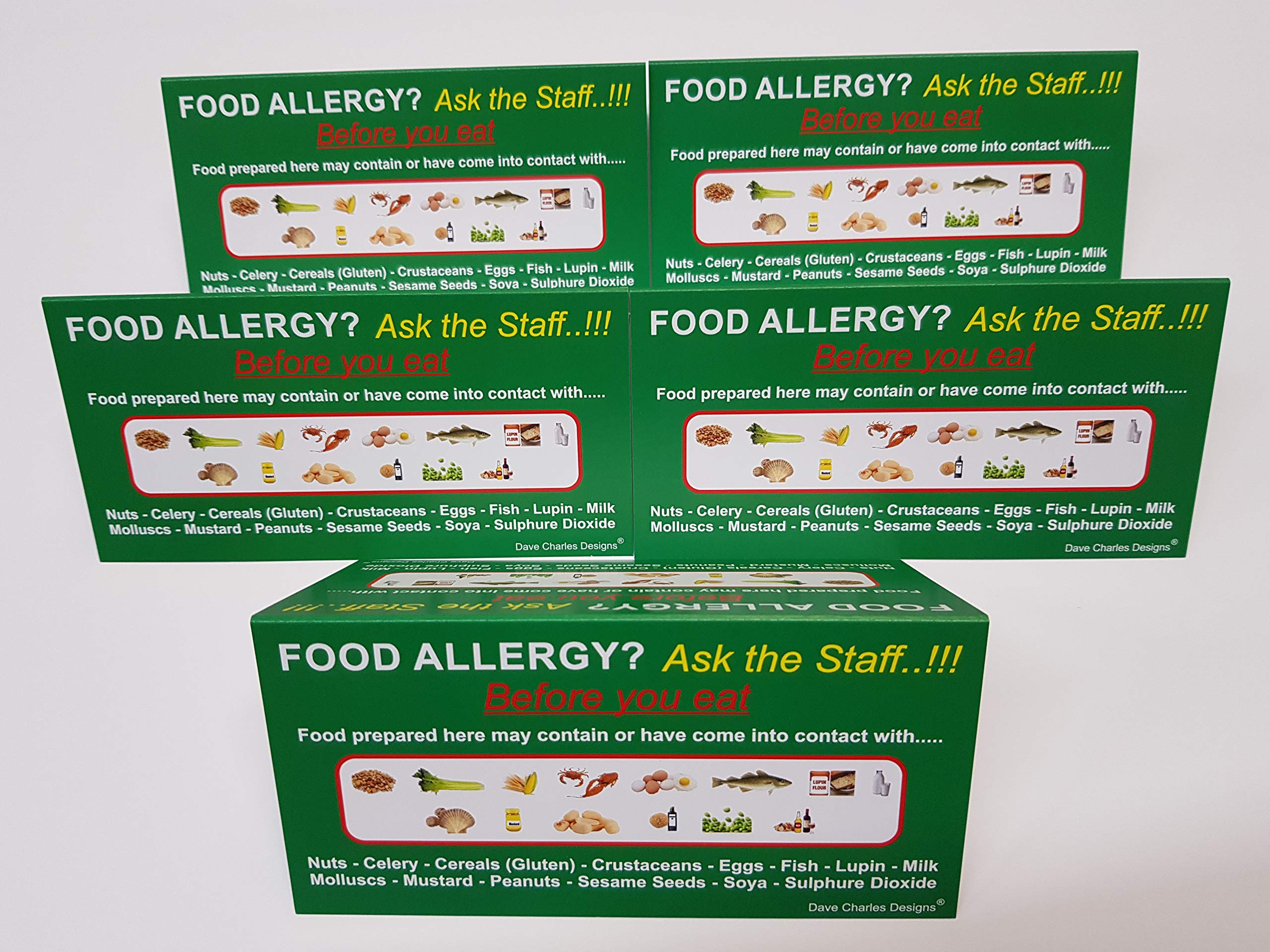 DAVE CHARLES DESIGNS pack of 5 FOOD ALLERGY AWARENESS TABLE and COUNTER SIGN (74 X 148) FOLDED 350g The clearest food allergy notice. Allergy warning sign