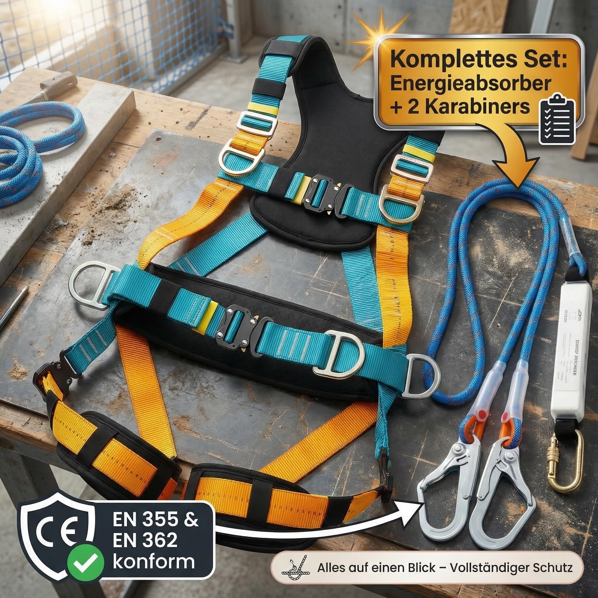 Magicbox Auffanggurt Absturzsicherung Set mit Falldämpfer, 150 kg Sicherheitsgurt für Höhenarbeit, Dacharbeiten & Baustelle, EN 361/358 Zertifiziert PSA