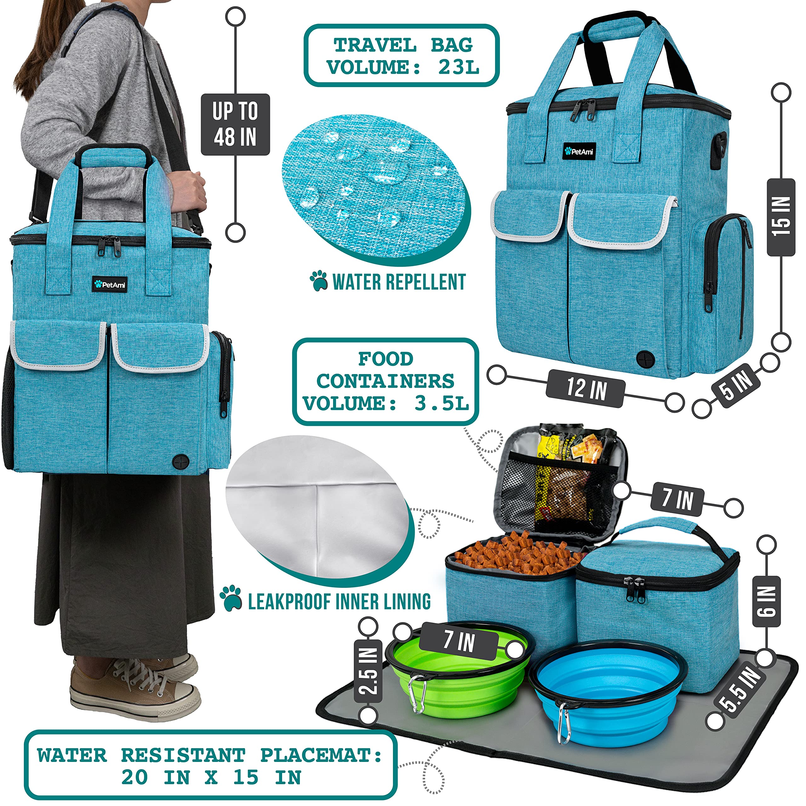 PetAmi Bolsa de viaje para perros, suministros para mascotas, organizador de accesorios para viajes, camping, fin de semana; el kit de bolsa de viaje para mascotas incluye 2 recipientes de