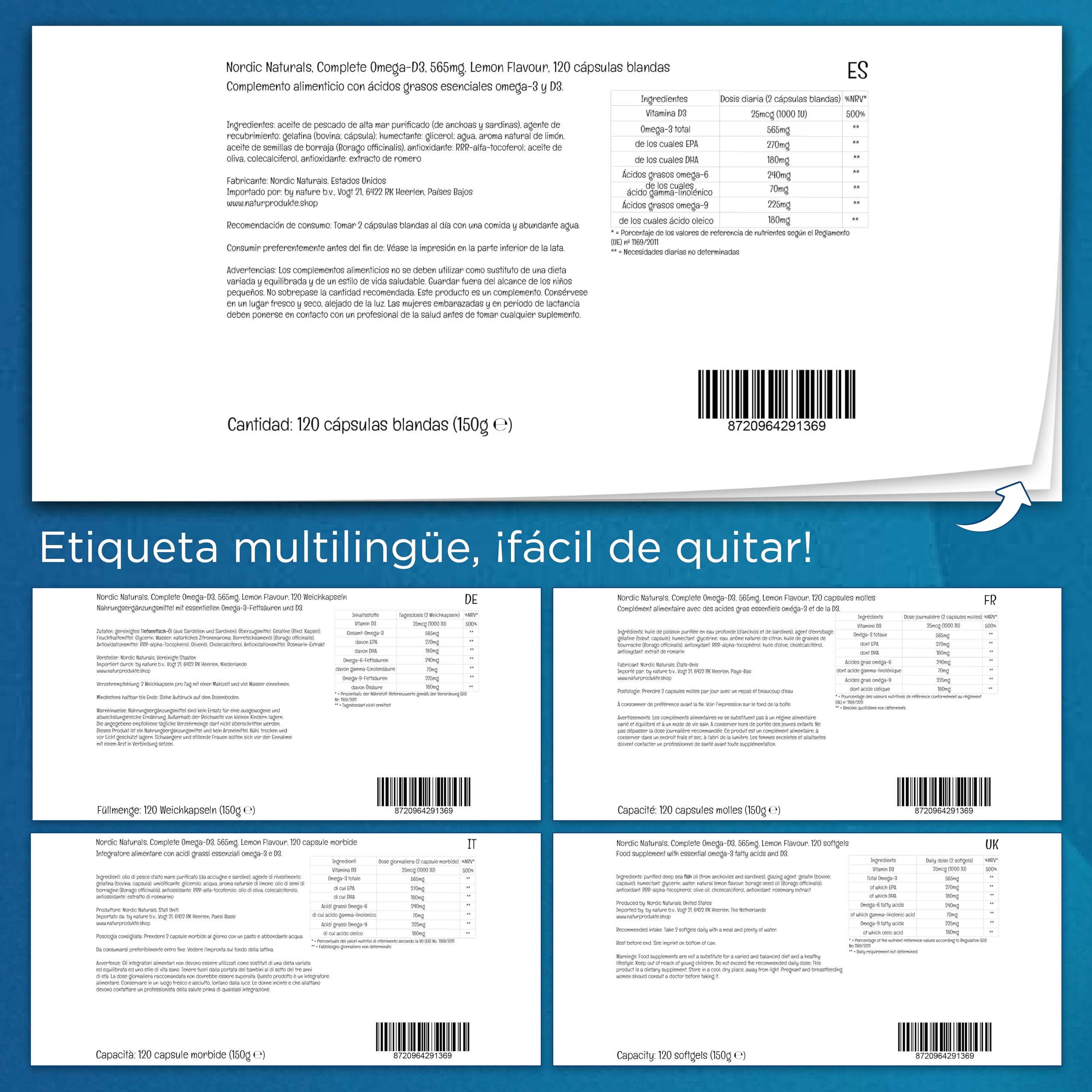 Nordic Naturals, Complete Omega-D3, 565mg, con Omega-6, Omega-9 y Vitamina D3, Dosis Alta, Sabor Limón, 120 Cápsulas blandas, Testado en Laboratorio, Sin Soja, Sin Gluten, No GMO