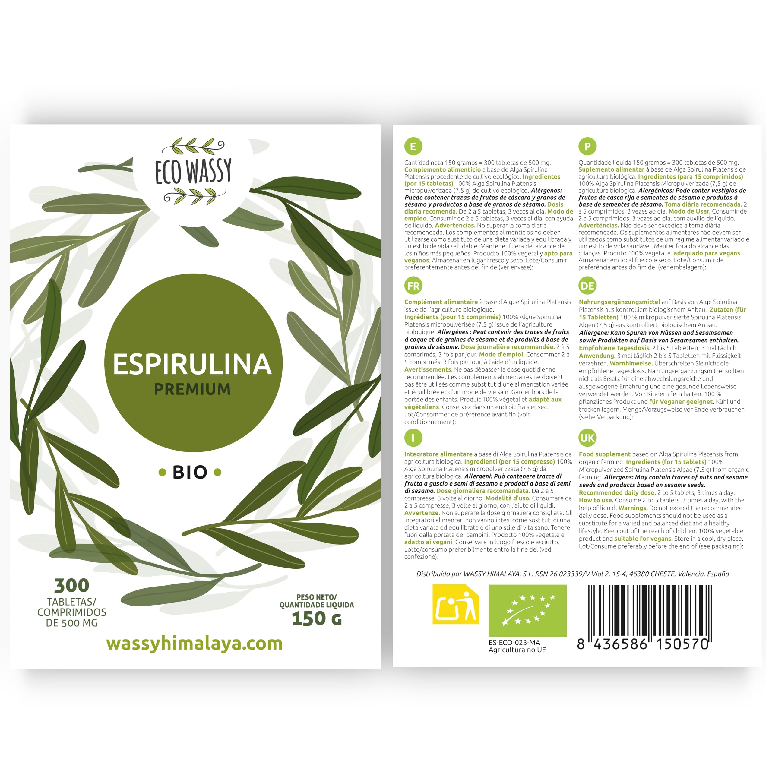 Spirulina Organica 300 Compresse. Dose Massima 3000 mg. 100% Alga Spirulina di Massima Purezza. Antiossidante, Naturale e Senza Additivi | Detox/Saziante/Vegano. Super Alimento in Pillola