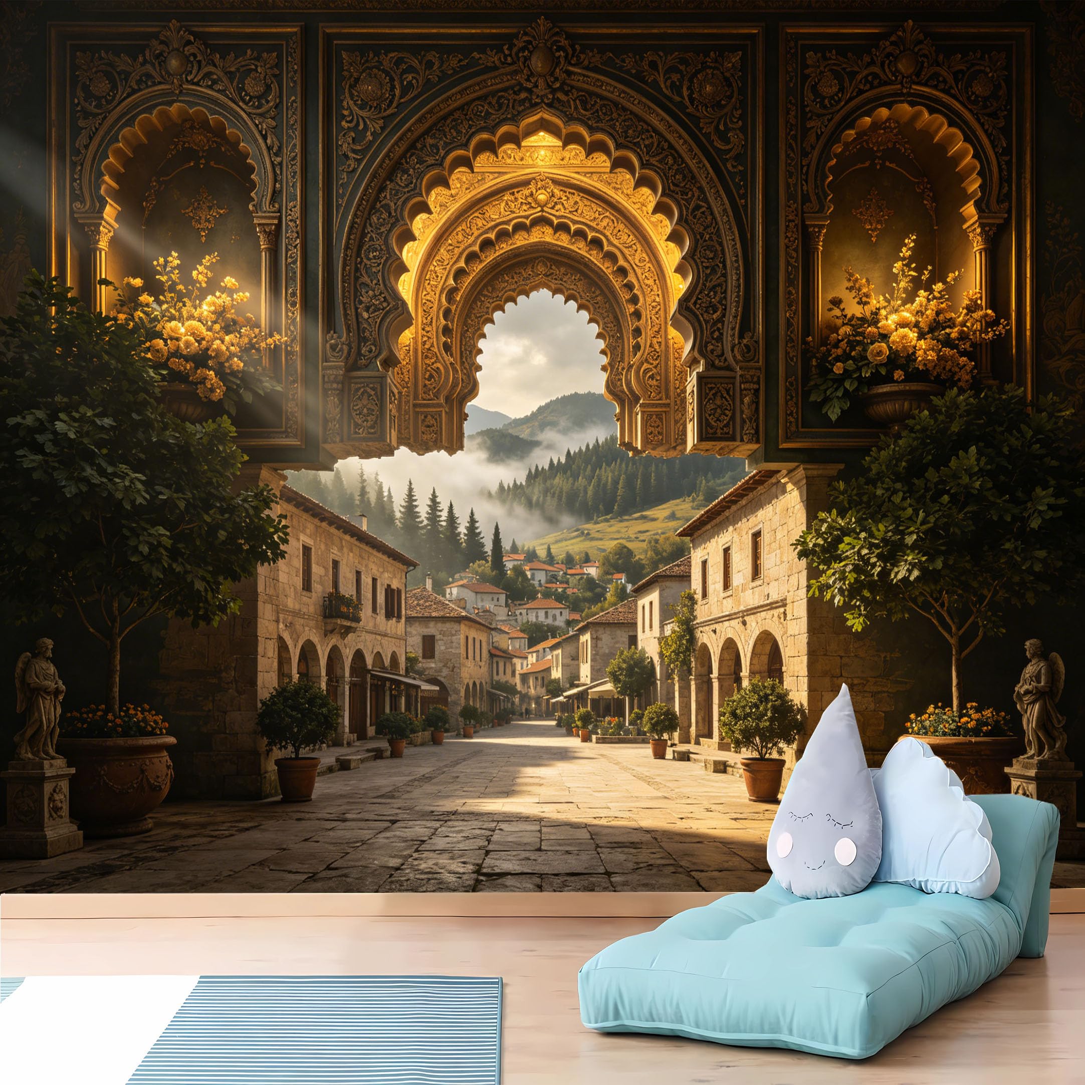 Custom Size Wall Murals 3D Golden Arched Doorway View to Mediterranean Town Realistic Wall Murals Self-Adhesive Wall Fabric (NO PVC) Removable Wallpaper for Living Room