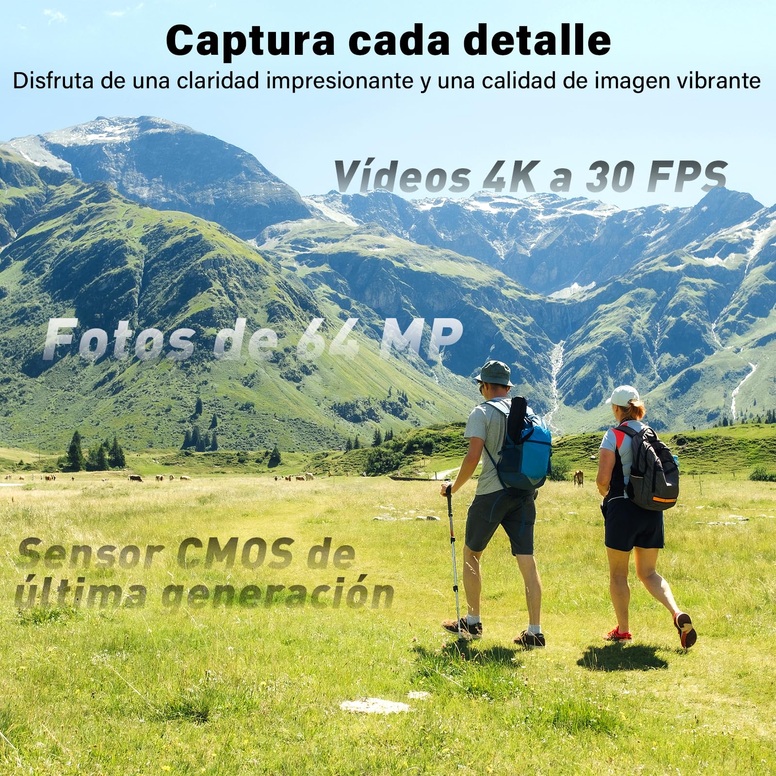 Cámara Deportiva, Cámara Vlog con Lente Giratoria de 330° – Estabilización de 2 Ejes, Pantalla Táctil 64MP con Tarjeta 64GB, Seguimiento de Caras, Cámara Compacta para Deportes y vlogging