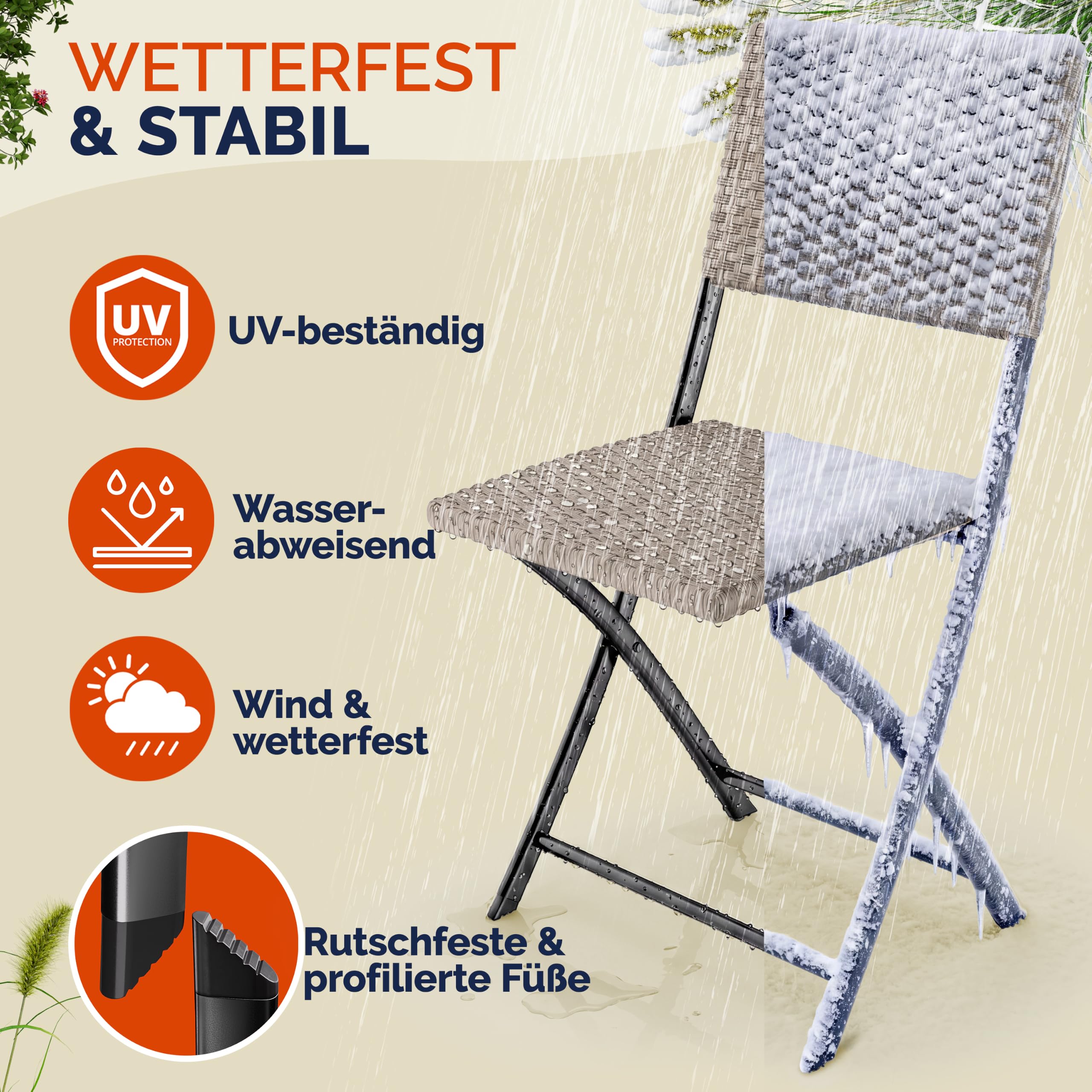 Casaria® Polyrattan Klappstuhl 2er Set Creme leicht faltbar bis 120kg belastbar tragbar wetterfest Stuhl Sessel Balkon Terrasse Garten Camping Stuhl Sessel