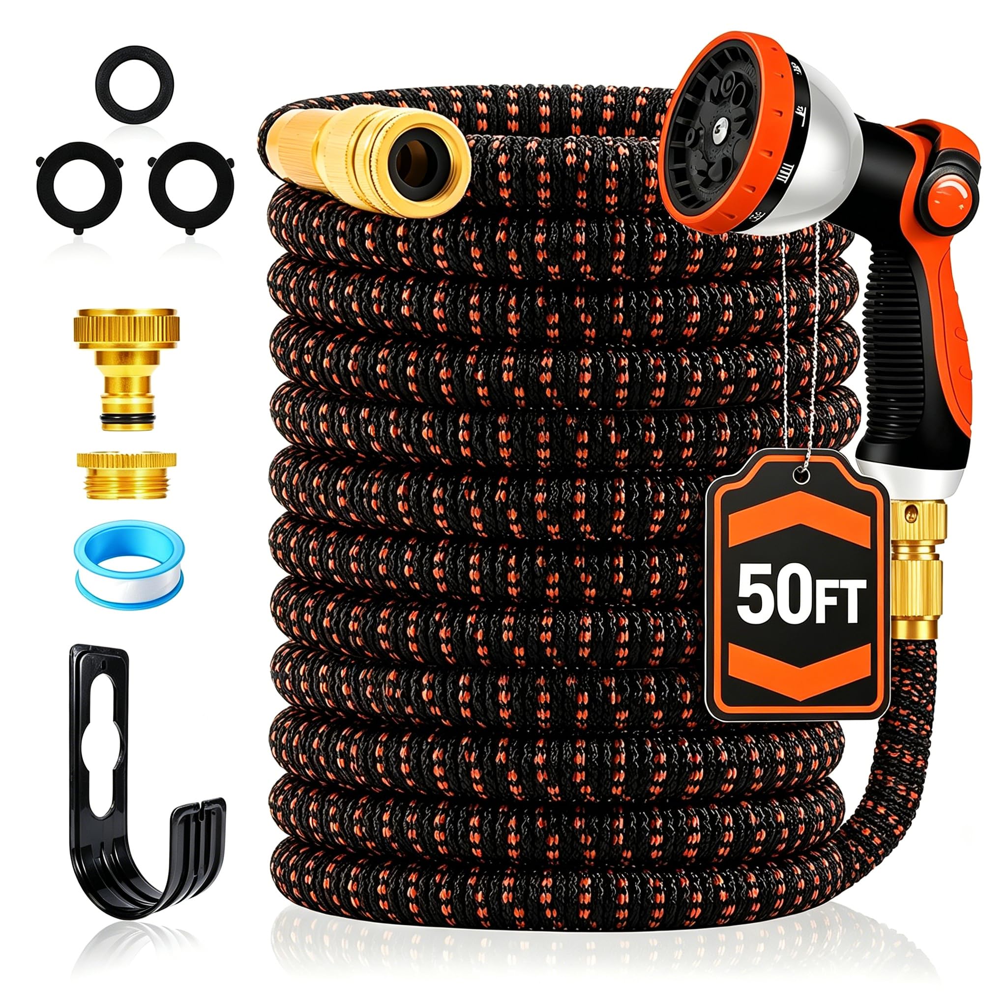 Yofidra Orange Hose Pipe 50Ft Expandable Garden Hose With 10 Function Spray Nozzle