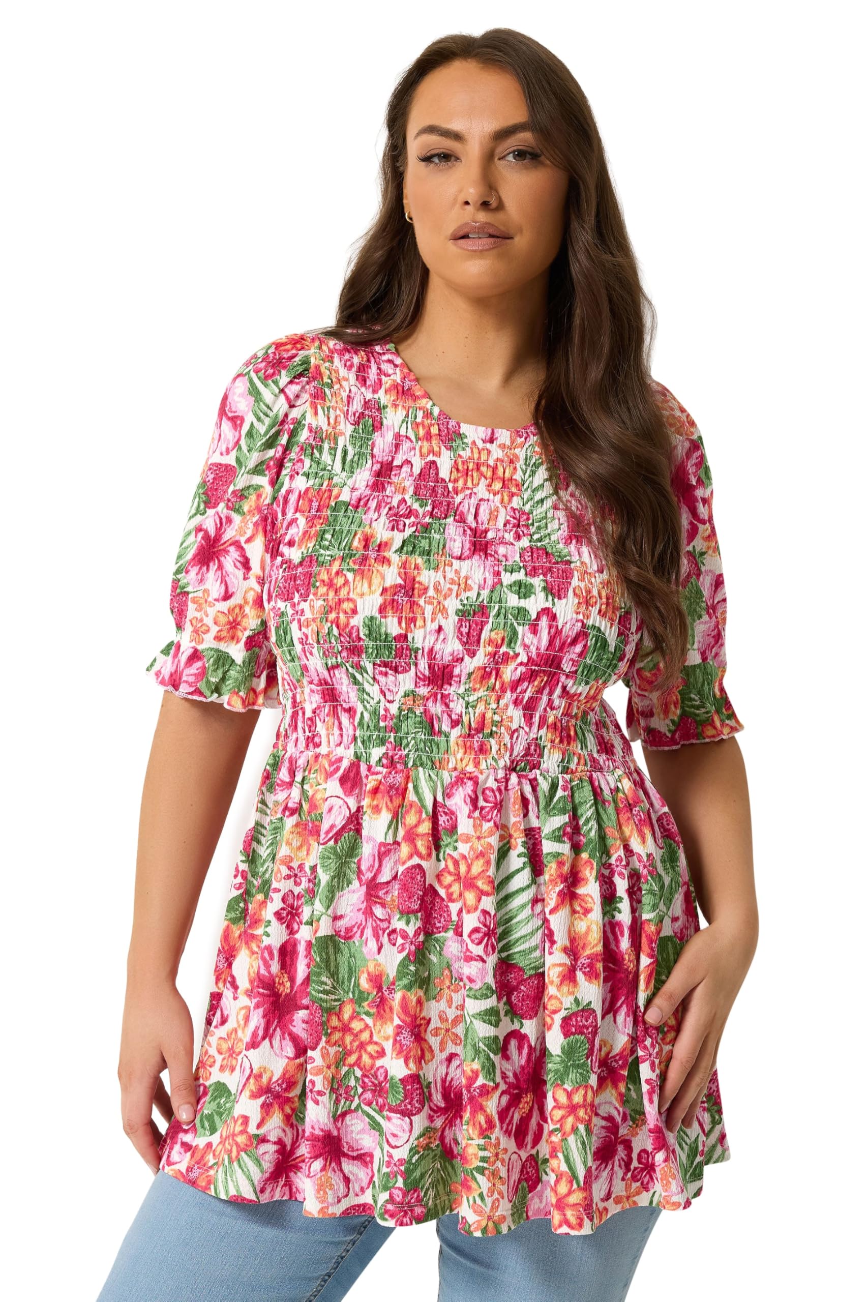 Yours Women's Pink Curve Floral Shirred Puff Sleeve Top - Plus Size Curve