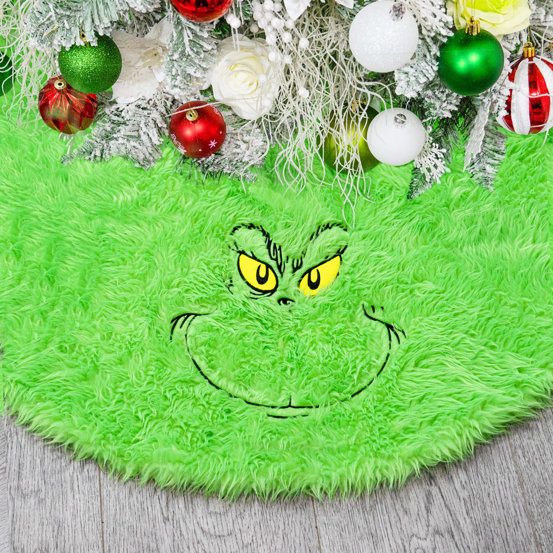 Hismir 48 inch Green Christmas Tree Skirt for 6-7 ft Tree Soft Plush Faux Fur Christmas-Tree-Skirt Funny Velvet Farmhouse Tree Skirt Decorations for Helloween Xmas Holiday Party