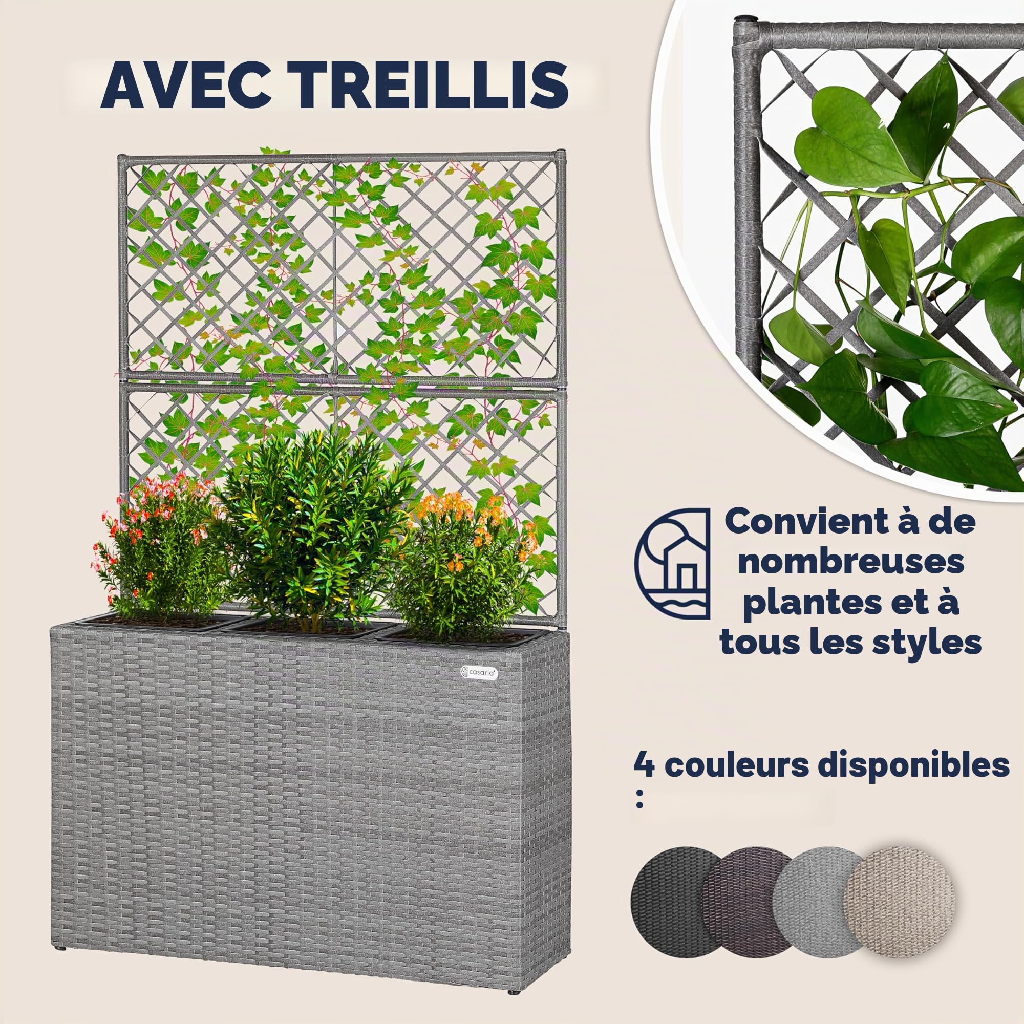 Casaria Jardinière en polyrotin avec Treillis Gris 146 x 83 x 30,5 cm Set de 3 Pots de Fleurs bac à Fleurs pour Jardin Maison Balcon
