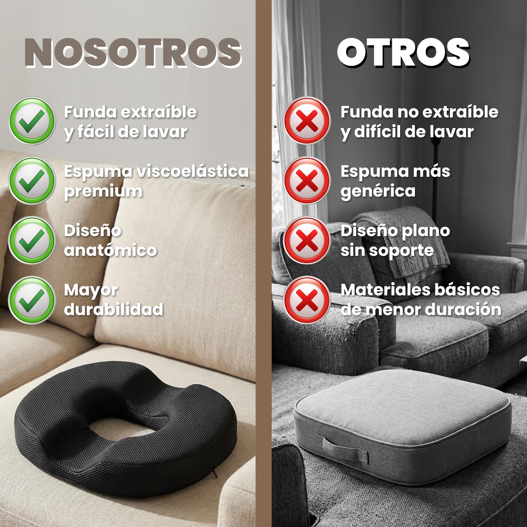 Cojín Ergonómico Viscoelástico de Coxis con Forma de Dónut – Ideal para Silla de Oficina, Coche y Teletrabajo en Jornadas Largas – Funda Transpirable Extraíble y Lavable a Máquina
