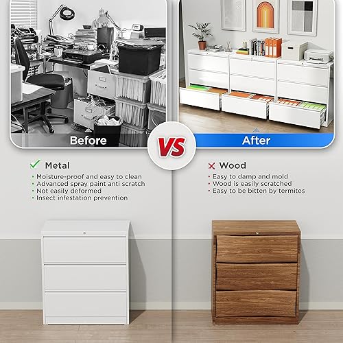 Miniatura 6 de Greenvelly Archivador lateral de 3 cajones, archivador lateral de metal blanco con cerradura, gabinete de oficina en casa con cerradura con cajones