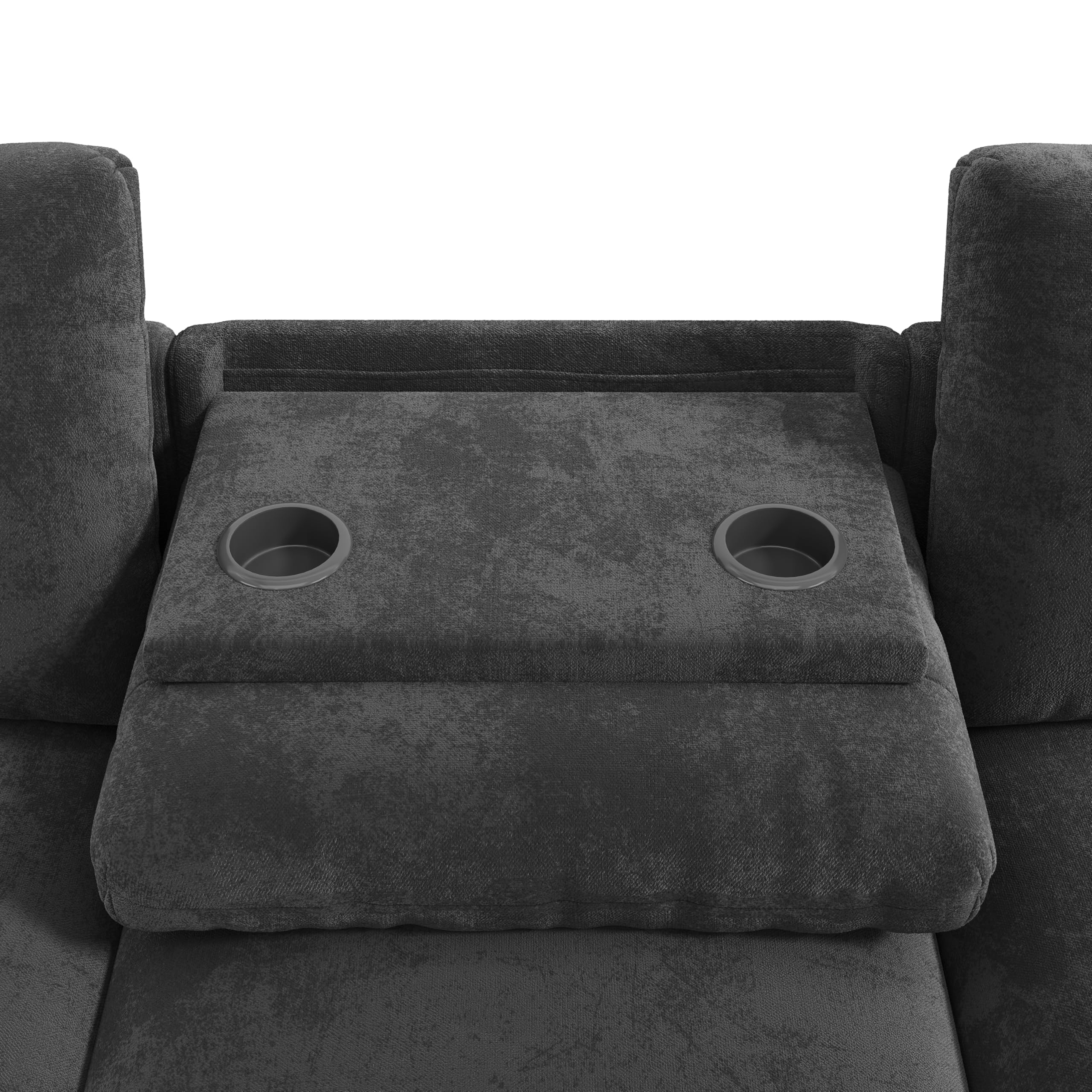 Sofa szenilowa, narożnik w kształcie litery L i dwa podłokietniki z miejscem do przechowywania. Rozkładany stolik kawowy z dwoma uchwytami na napoje, 1 USB i 1 część w kształcie litery C może być