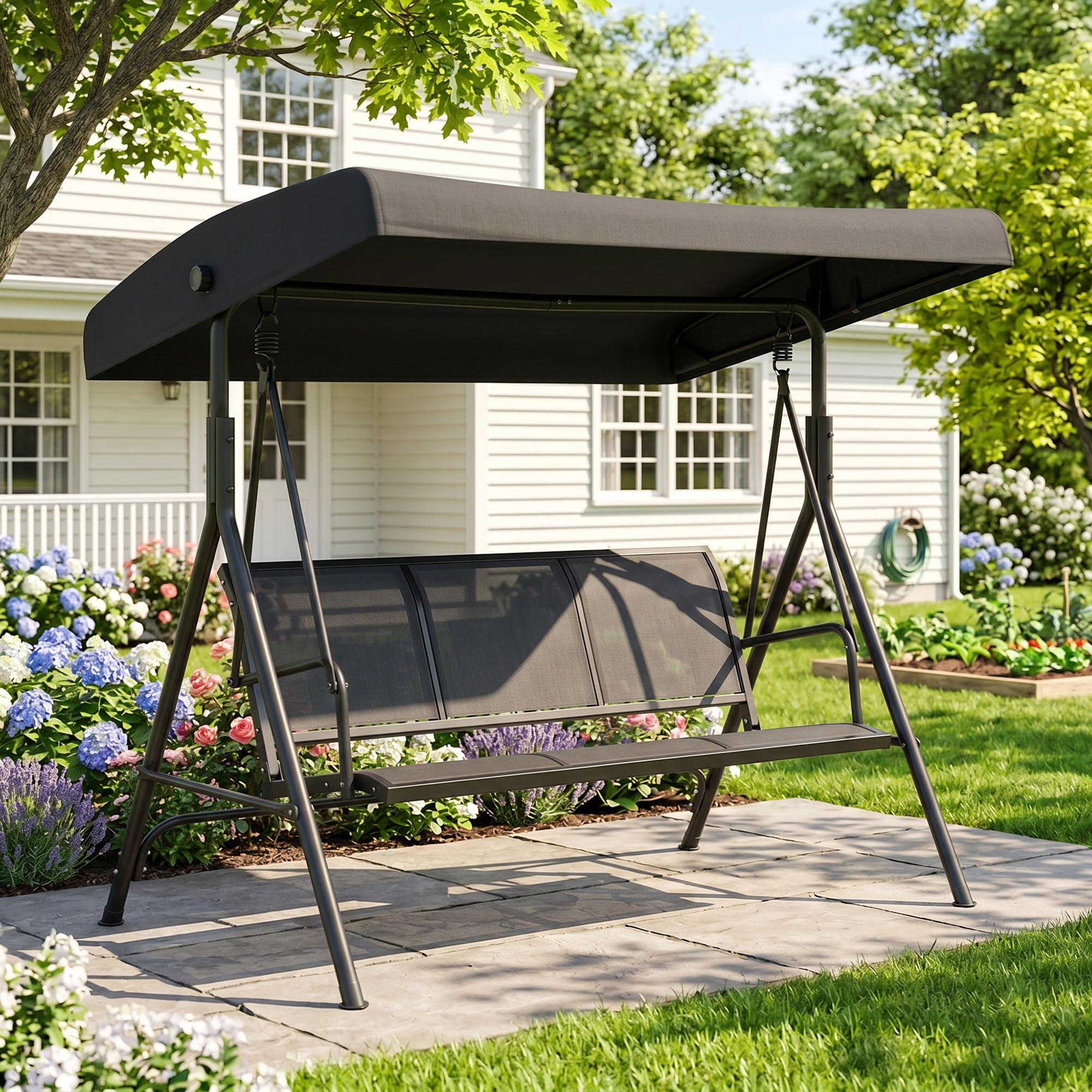 Outsunny Columpio de Jardín Exterior de 3 Plazas con Toldo Reclinable, Balancín de Jardín Exterior con Respaldo Transpirable y Marco de Acero, para Terraza Balcón, 175x118x159 cm, Negro