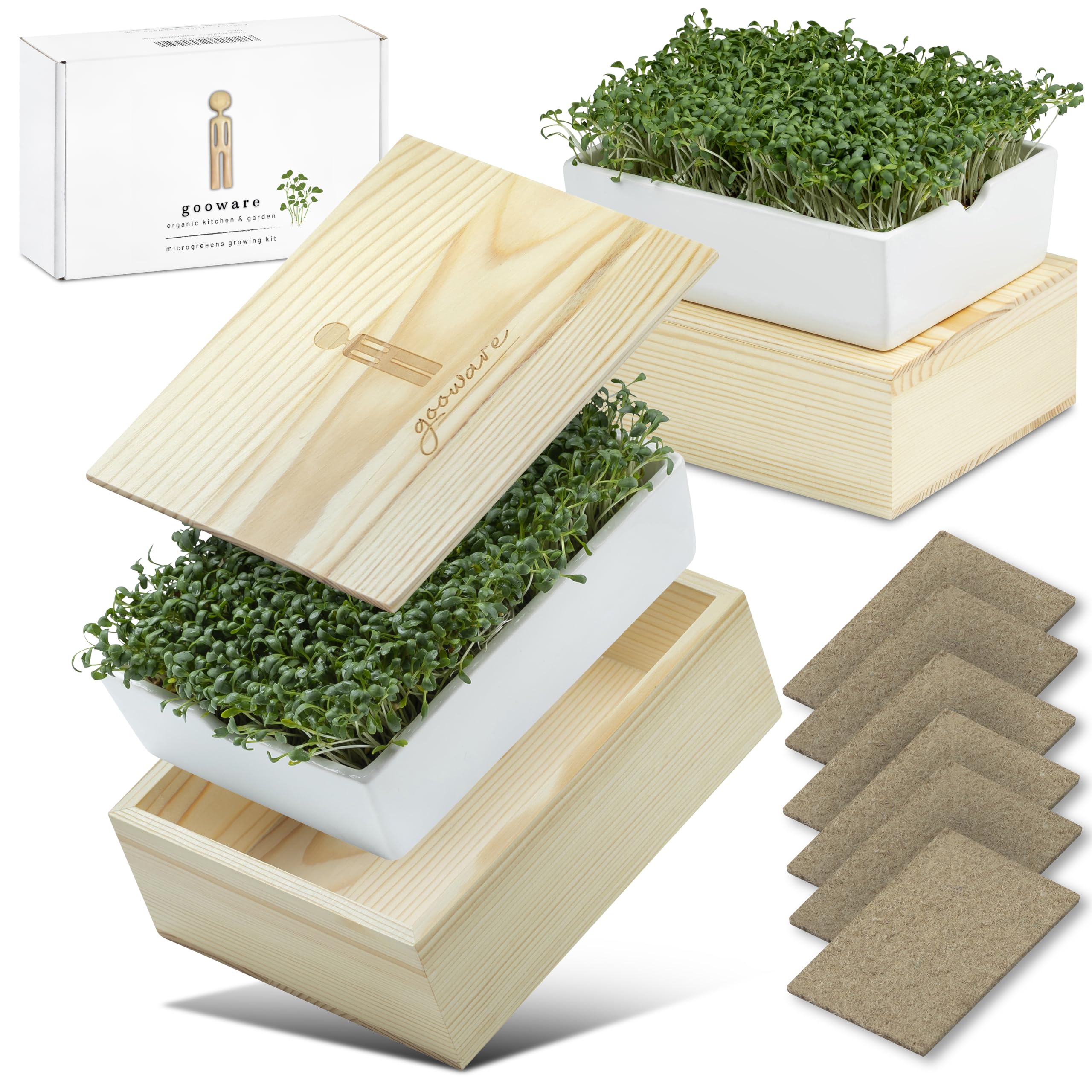 gooware Double Set – Cress Propagation Germination Tray Indoor with Organic Cress Seeds, Organic Broccoli Seeds, Ceramic Bowl and Elegant Design Wooden Holder for Storing Your Seeds Garden