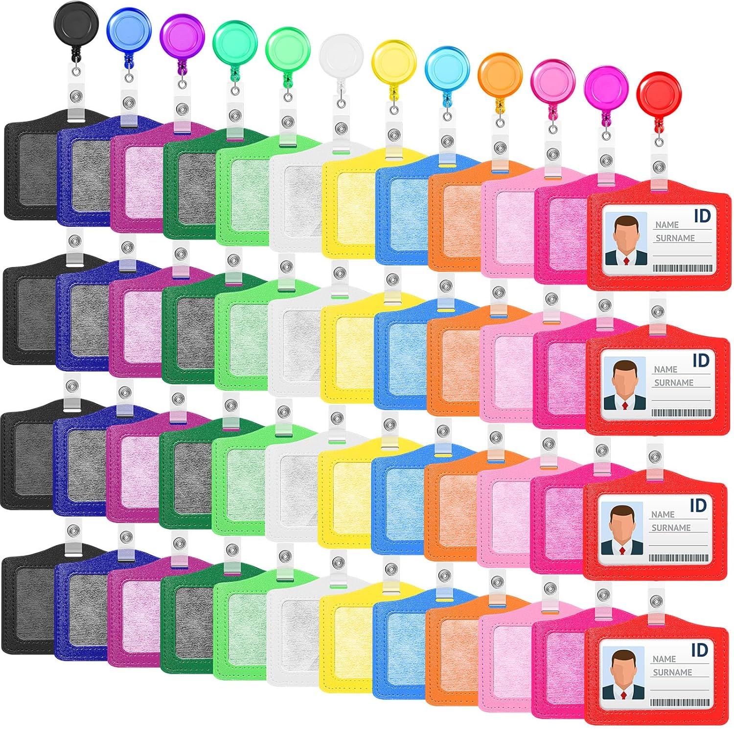 Tenare 48 Sets Retractable Badge Reels Multicolor Name ID Card Holder PU Leather Business Badge Holder Decorative with Clip for Students, Teachers, Nurses, Doctors