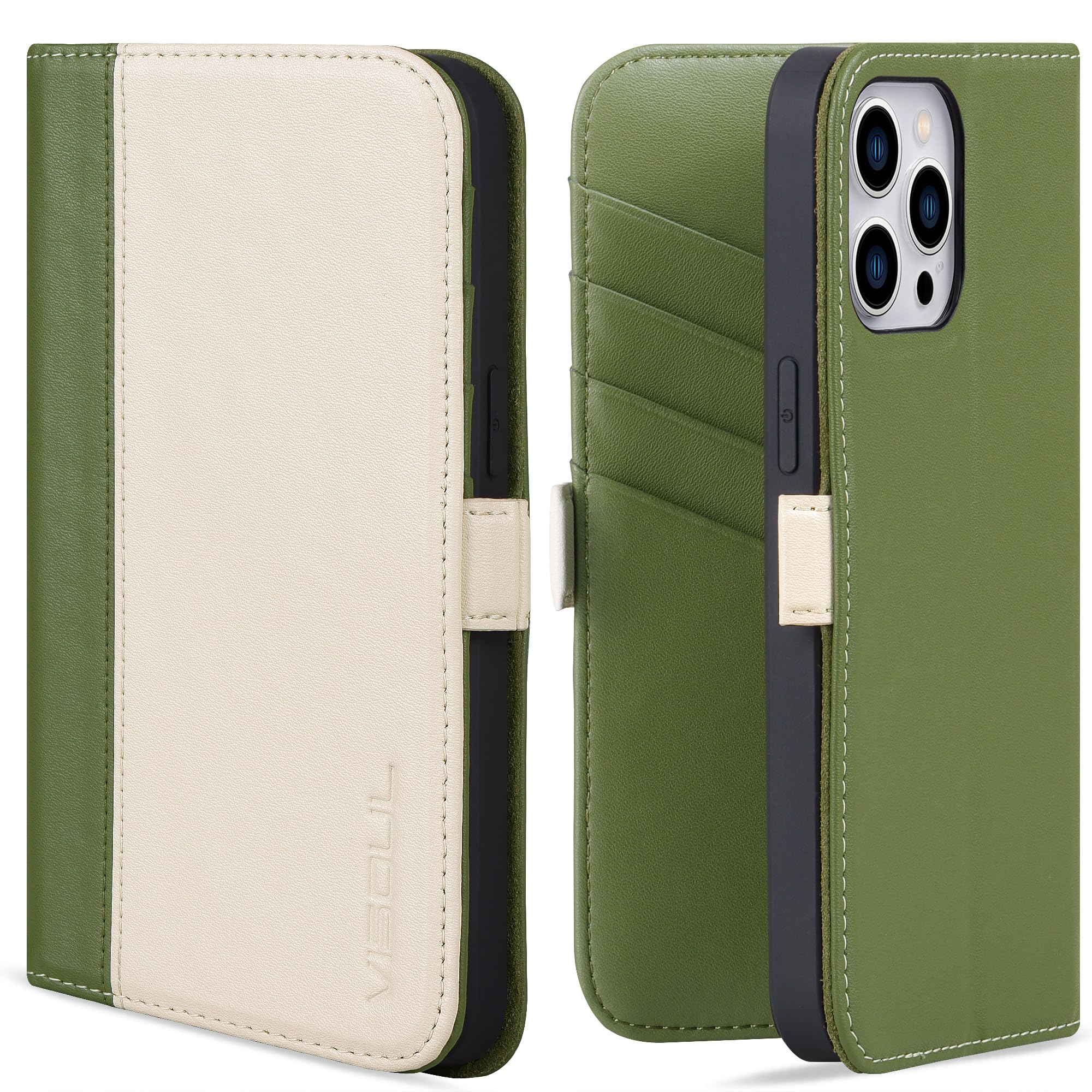 VISOUL Phone Case Wallet for iPhone 15 Pro Max with Card Holder, Genuine Leather Folio Case Cover with 2 Side Strong Magnetic Flaps Closure Designed for iPhone 15 Pro Max(6.7-inch)(Beige+Green)