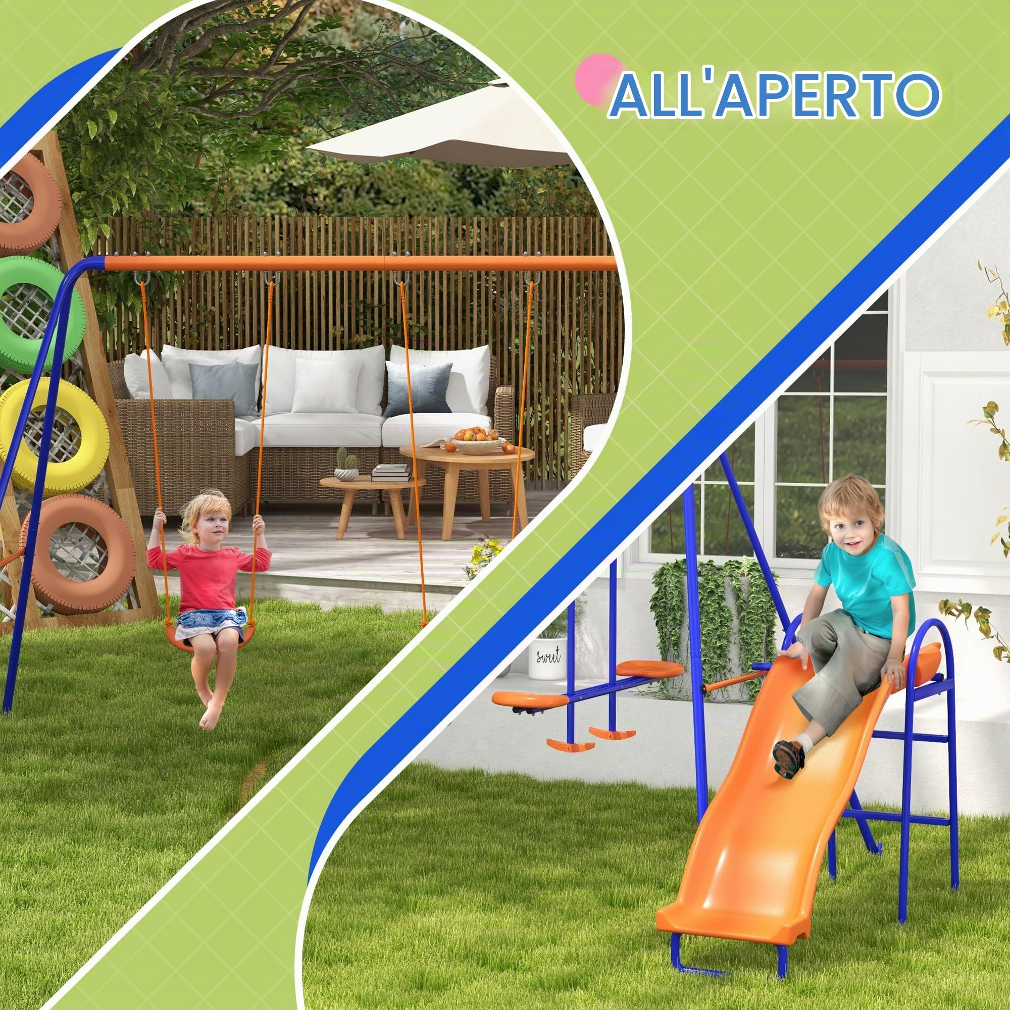 Outsunny Set altalena 4 in 1 metallo giardino per bambini 3-8 anni