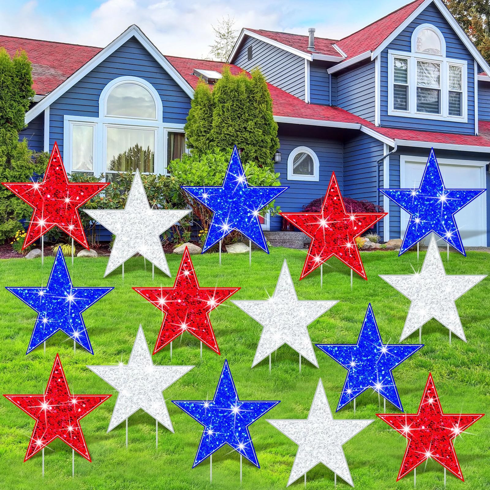 Juexica 24 Pcs 4th of July Star Shape Yard Sign with Stakes Independence Day Patriotic Star Lawn Sign Outdoor Decoration Memorial Day Lawn and Garden