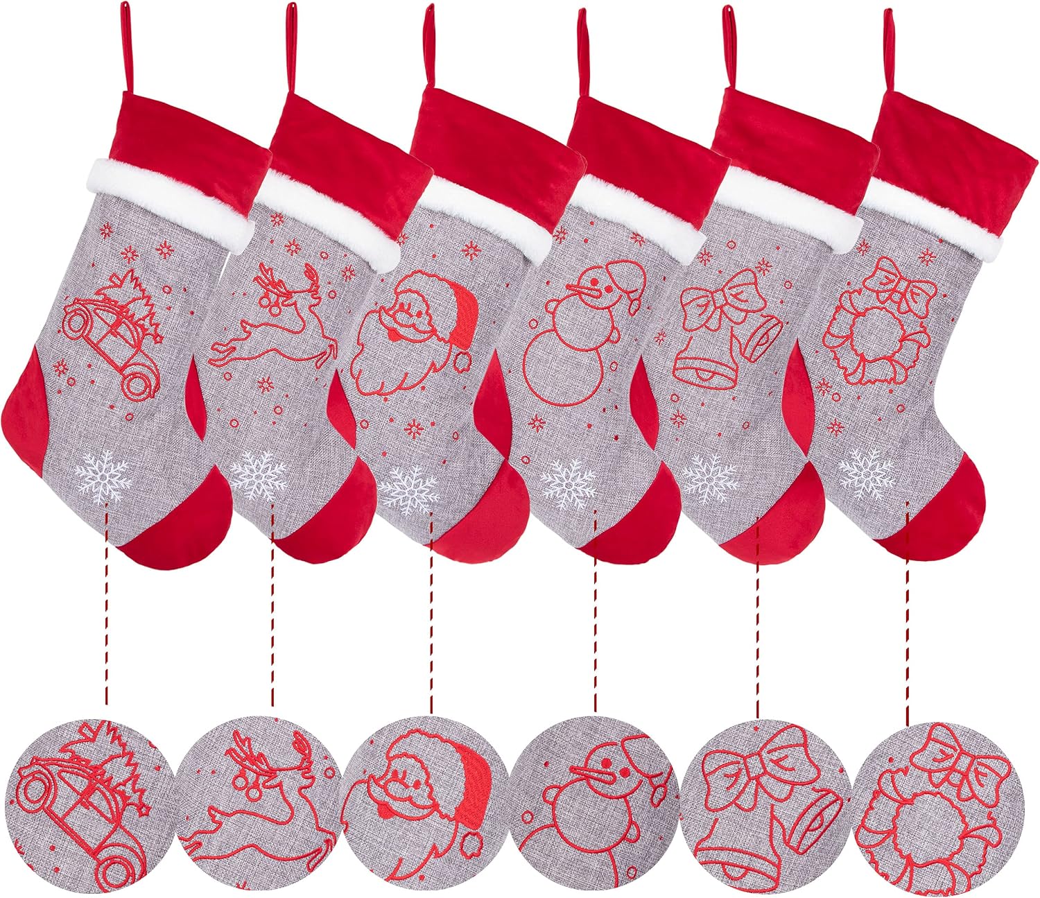 LUBOT Set of 6 Christmas Stockings (21inch) Embroidered Burlap Applique Flannel with Faux Fur Fireplace Hanging for Family Decorations Xmas Gift