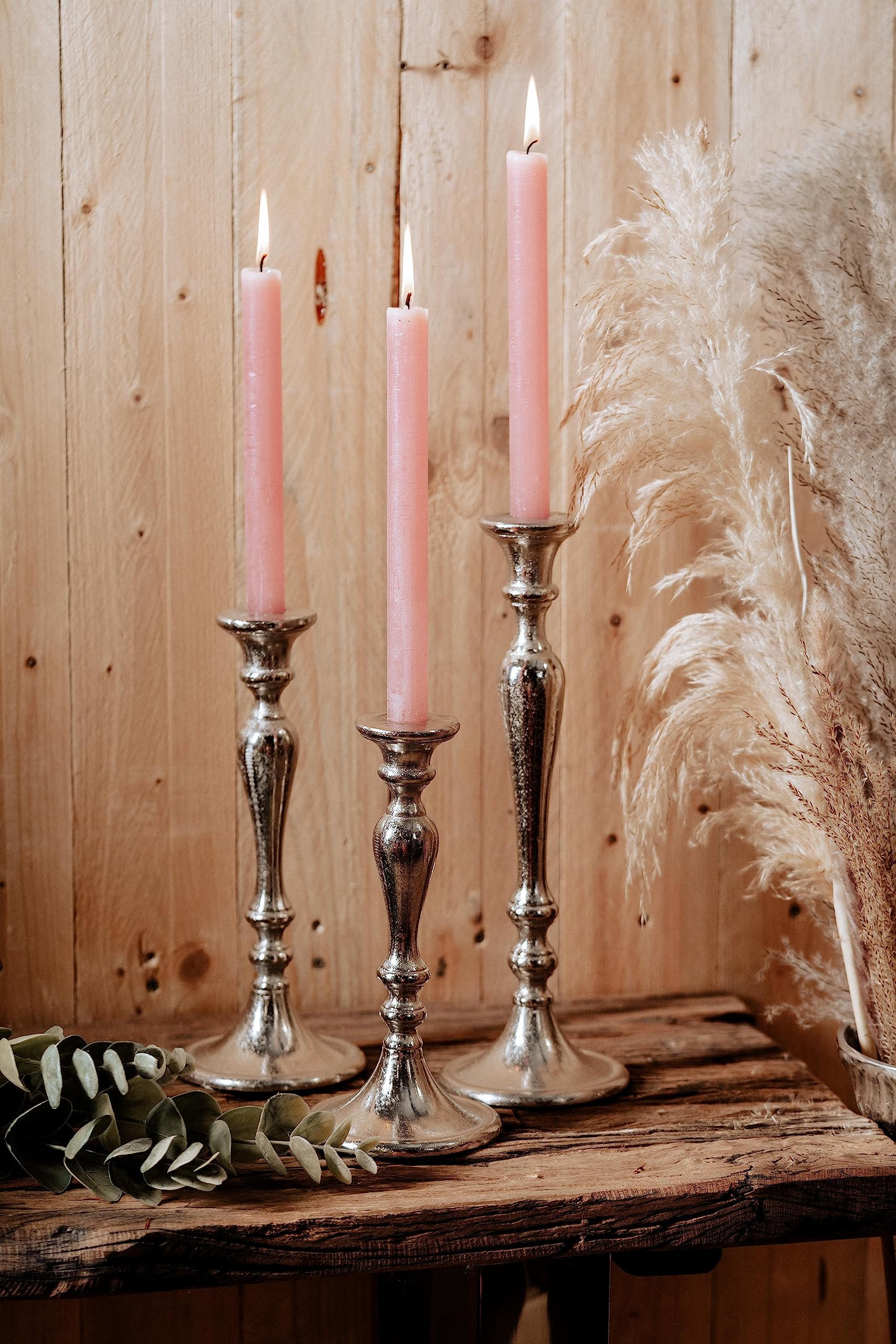 3er Set Kerzenständer Kerzenhalter Aluminium Silber Deko - Kerzenleuchter Modern für Stabkerzen - Tischdeko Hochzeit - Dekoration Wohnzimmer - H 23, 28 und 33 cm