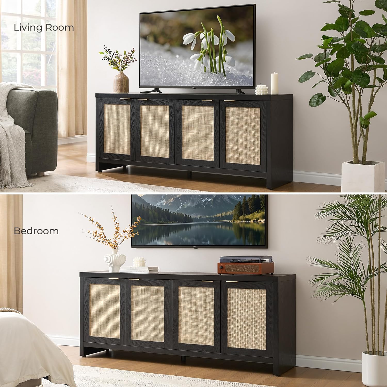 SICOTAS TV Stand for Living Room Boho Entertainment Center for Bedroom with 4 Rattan Cabinets Farmhouse Television Stands with Storage Large Media Console Table for TVs up to 65 Inch