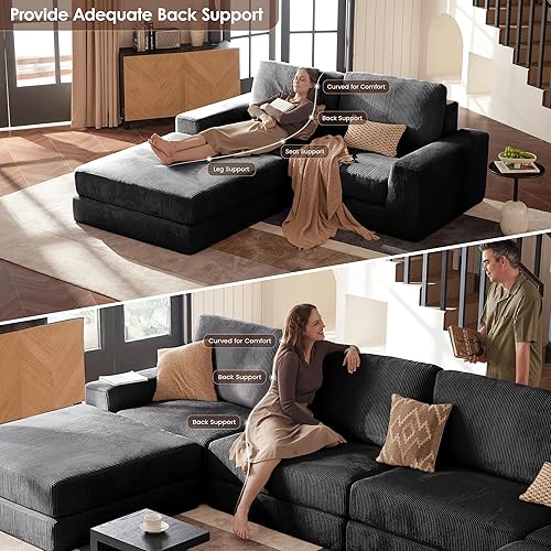 Miniatura 4 de Sofá modular de pana con asiento profundo, sofá modular de pana con otomana, sofás seccionales para sala de estar, no requiere montaje (negro)