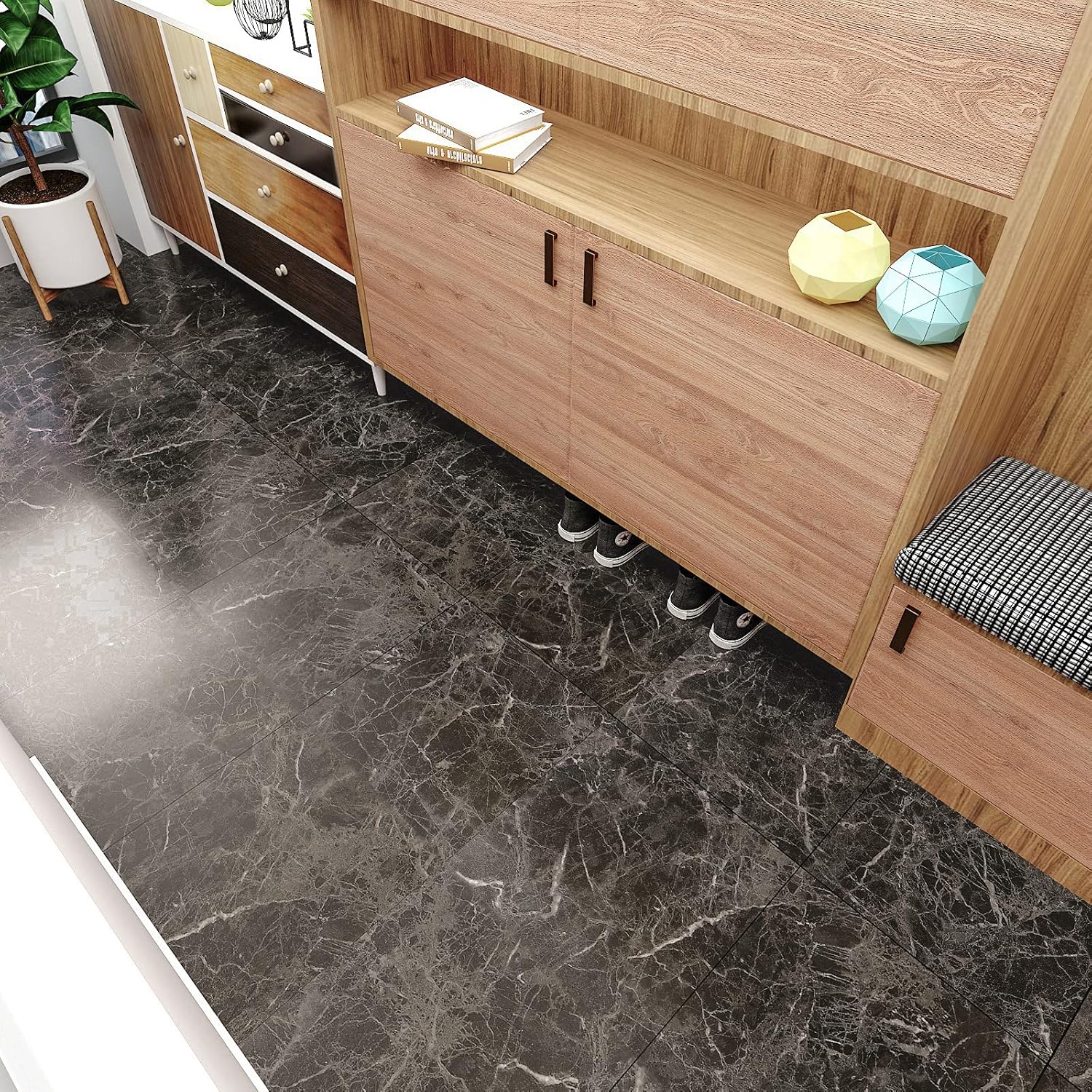 VEELIKE 12 Pack Dark Brown Peel and Stick Flooring Waterproof Self Adhesive Marble Peel and Stick Floor Tile for Bathroom Kitchen 12''x24'' Stick on Floor Tiles Brown Vinyl Flooring for Bedroom RV