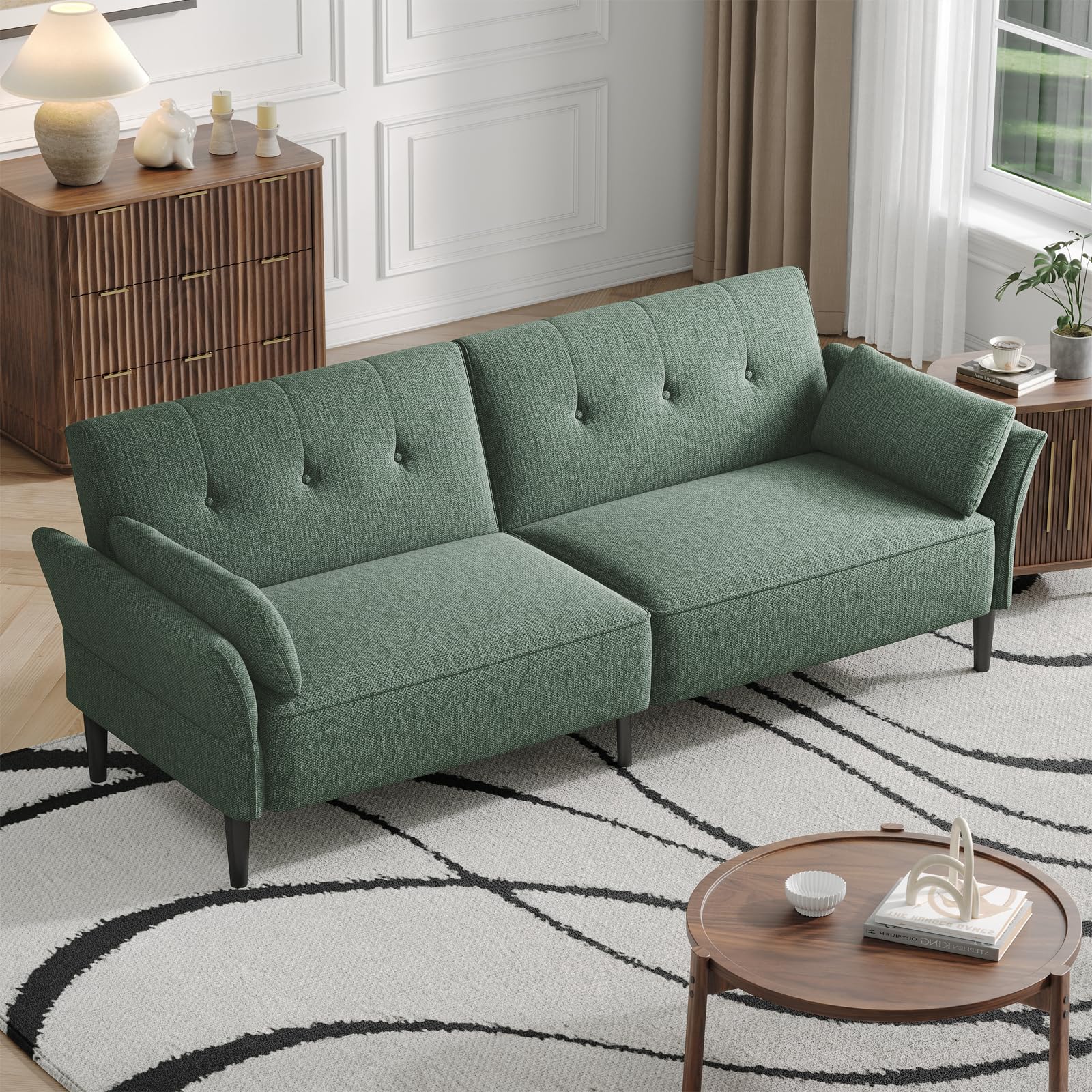 COPIAE 89” Futon Sofa Bed, Linen Comfy Futon Couch Bed with 2 Square Pillows, Convertible Sleeper Sofa with Adjustable Backrest& Armrests, Modern Loveseat Sleeper for Living Room, Bedroom, Green