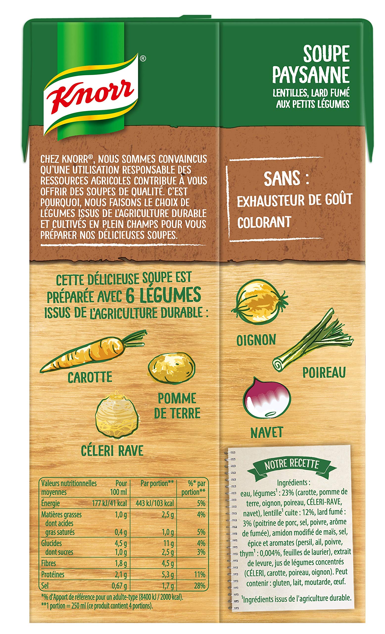 Knorr Soupe Secrets de Grand-Mère Soupe Paysanne Lentilles/lard Fumé aux Petits Légumes 1 L - Lot de 4