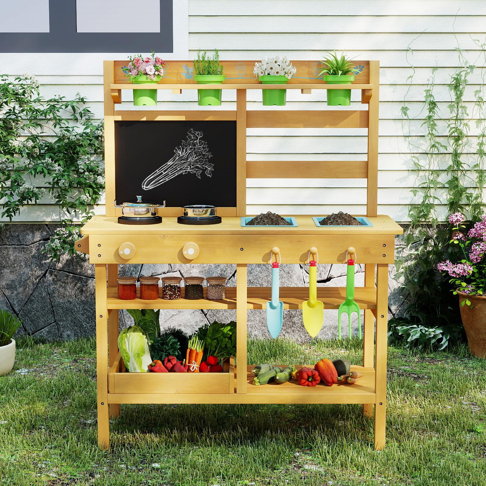 COSTWAY Matschküche Kinder Outdoor, Kinderküche mit Tafel, Wasserhahn, Spülen, Blumentöpfen & Gartenzubehör, Garten Spielküche Holz, Outdoorküche für Kinder ab 3 Jahren