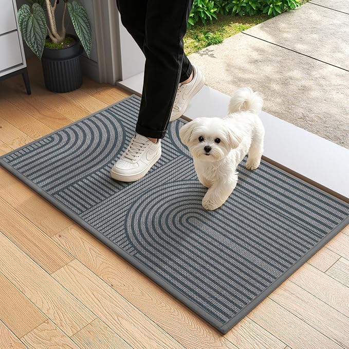 Front Door Mat 17''x30'', Absorbent Dirt Resist Washable Non Slip Low-Profile Indoor Doormat, Easy Clean Welcome Entryway Door Mats, Grey