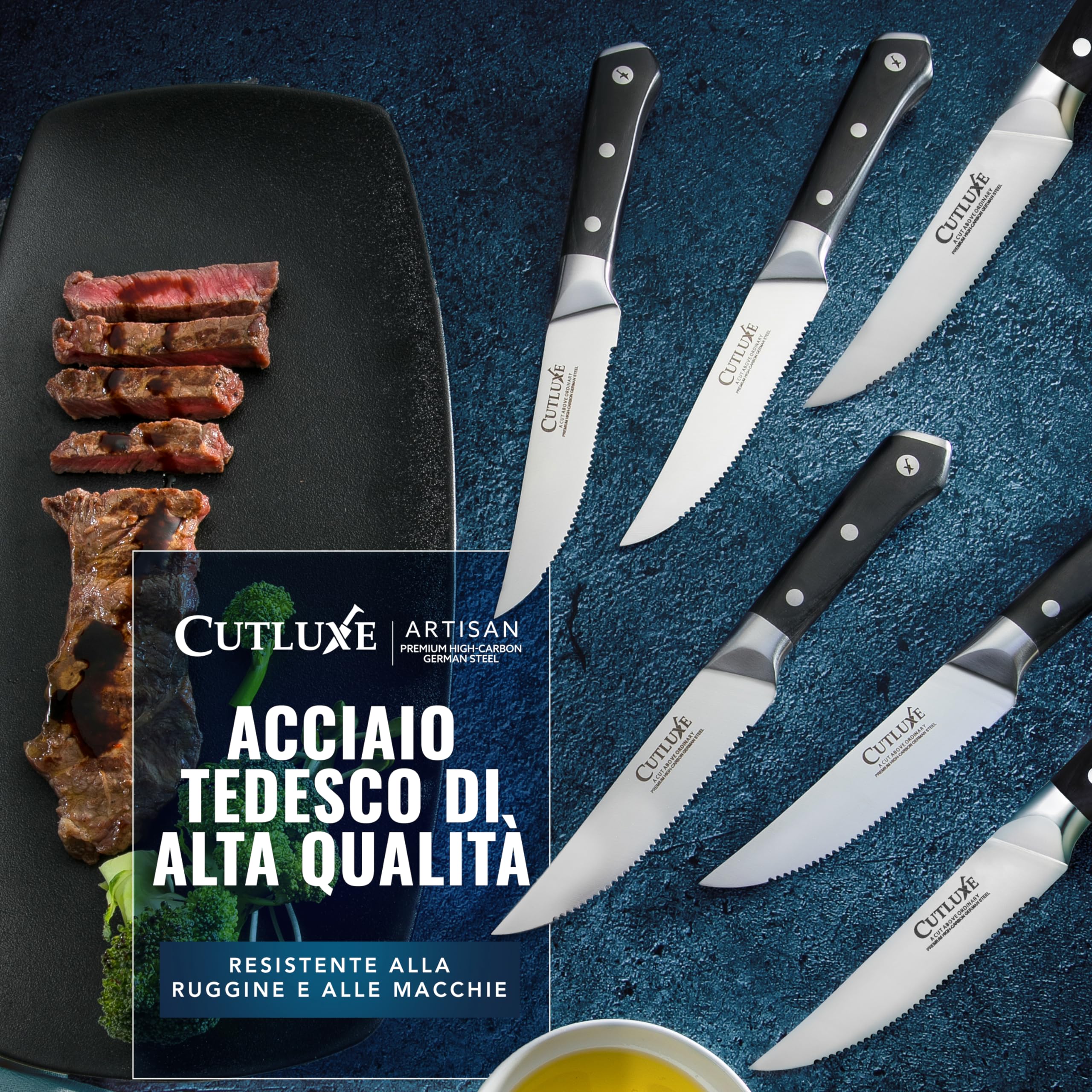 Cutluxe Set Coltelli Da Tavola – Coltelli da Bistecca Seghettati, 6 Pezzi – Coltelli Carne in Acciaio Tedesco al Carbonio, Lama Intera, Manico Ergonomico – Serie Artigianale